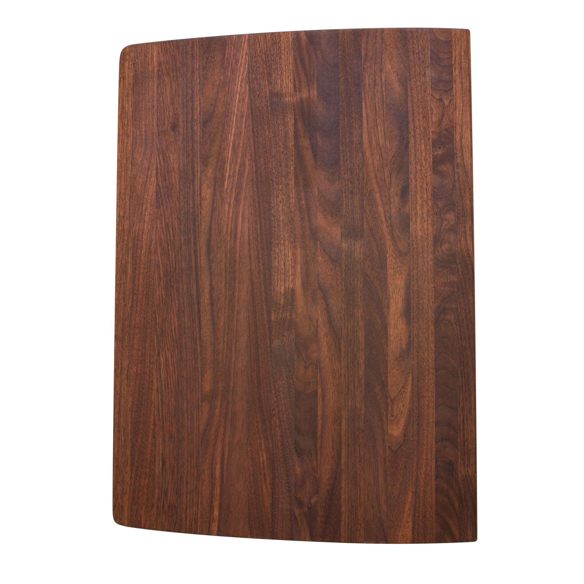 Dark walnut wood cutting board with grain pattern and rounded corners.
