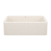 Soft white rectangular apron-front single bowl kitchen sink with rounded corners and Blanco logo on rim.