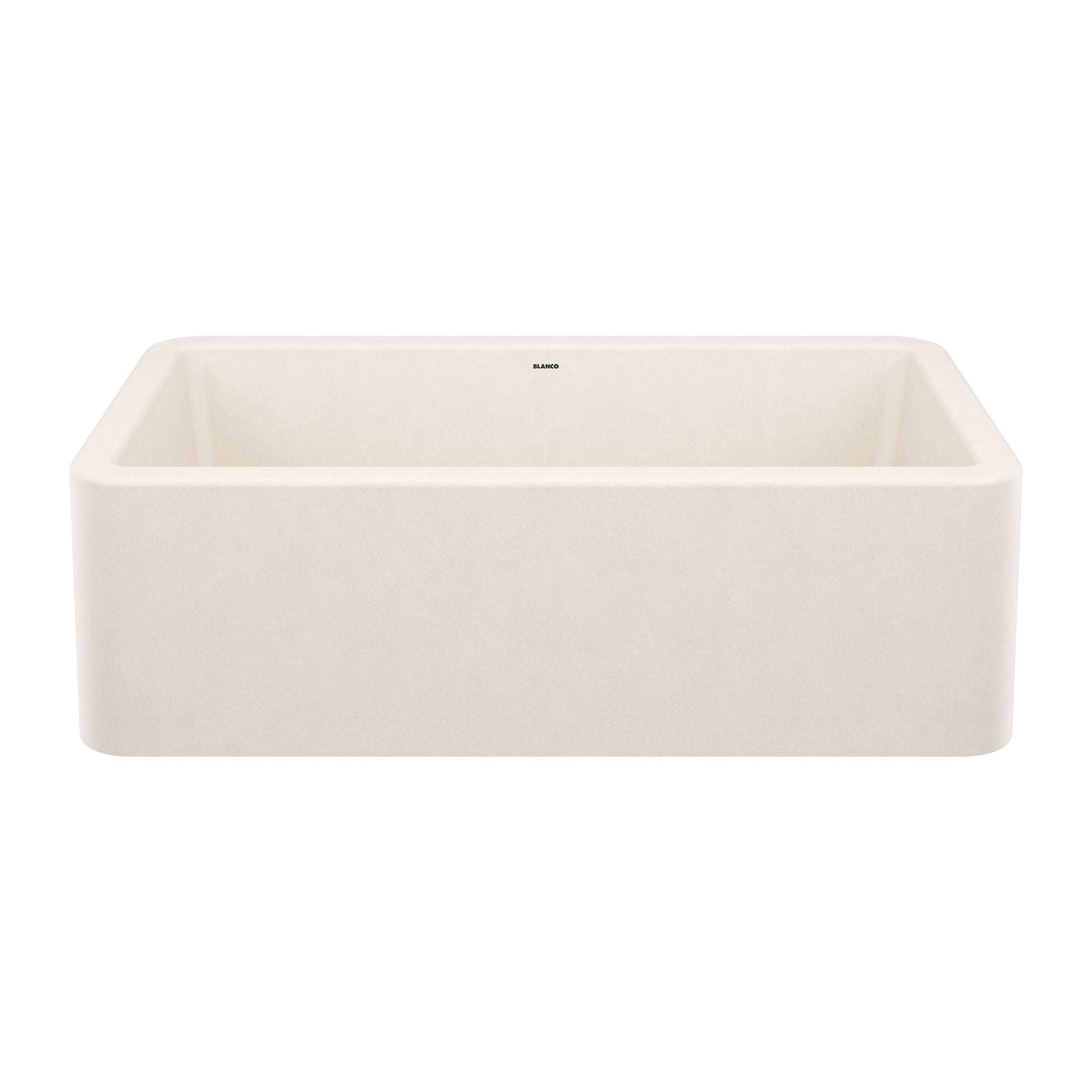 Soft white rectangular apron-front single bowl kitchen sink with rounded corners and Blanco logo on rim.