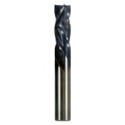 Black and silver four-flute router bit with twisted cutting edges and cylindrical shank.