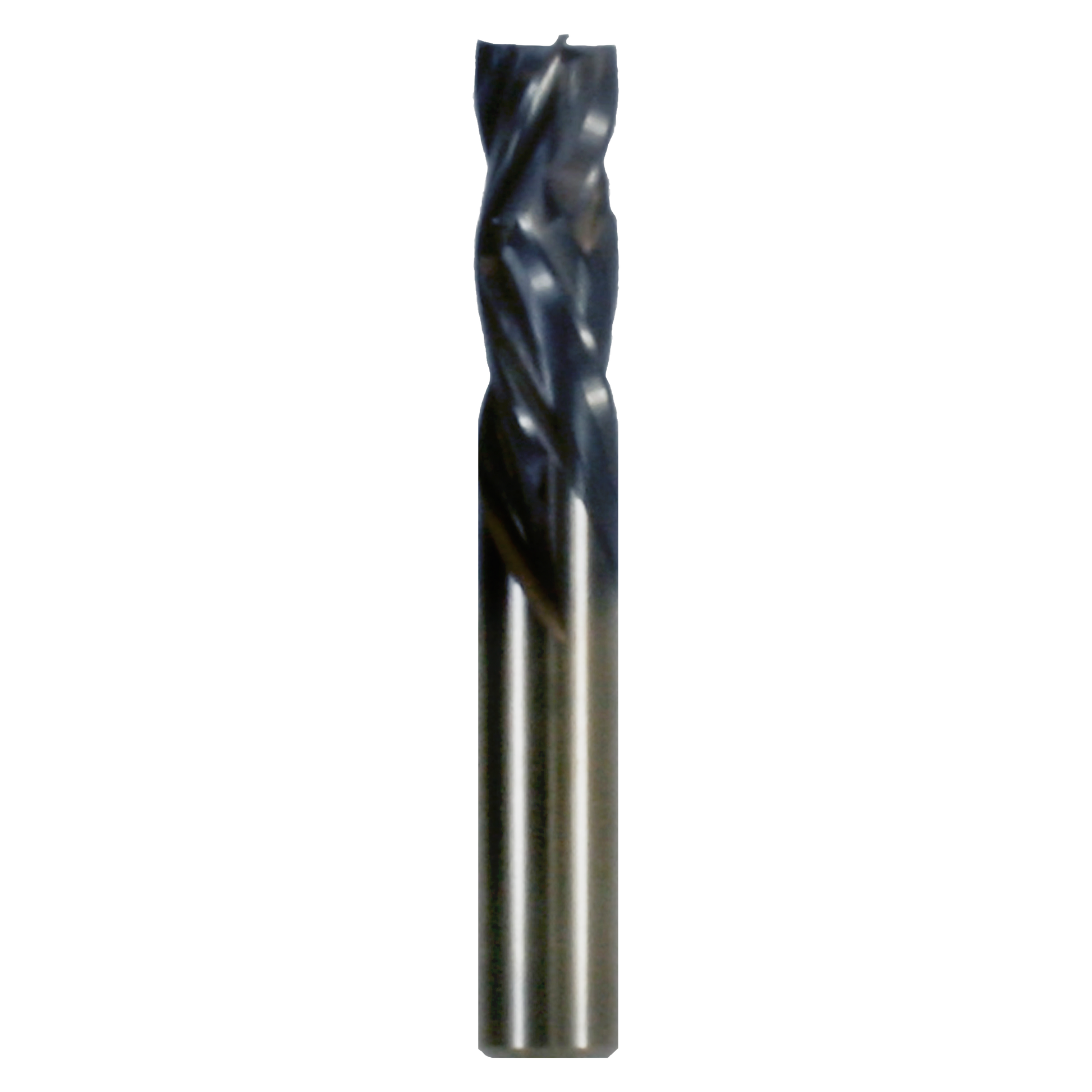 Black and silver four-flute router bit with twisted cutting edges and cylindrical shank.