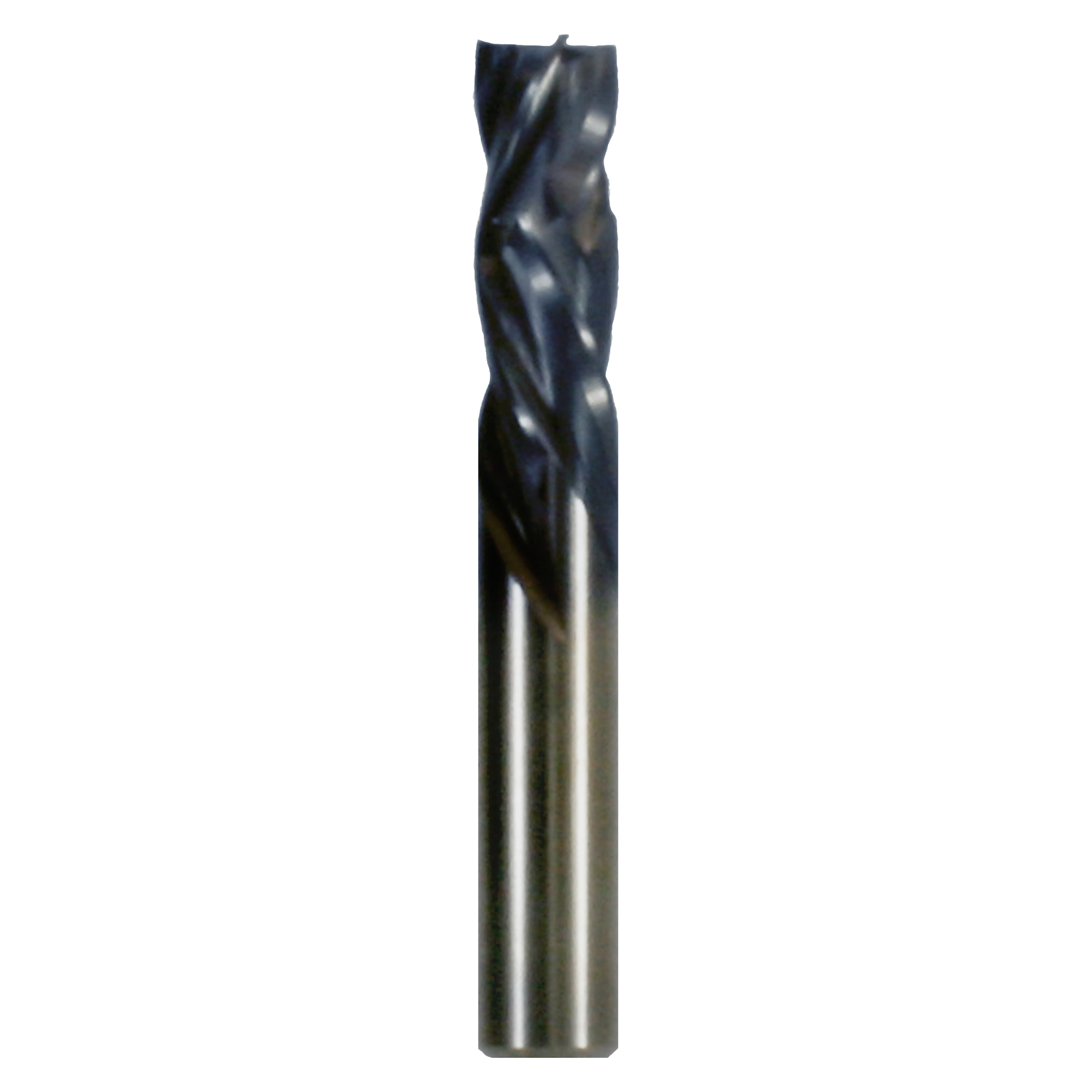 Black and silver four-flute router bit with twisted cutting edges and cylindrical shank.