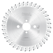 Freud conical scoring saw blade with silver coating and angled teeth around perimeter, center arbor hole visible.