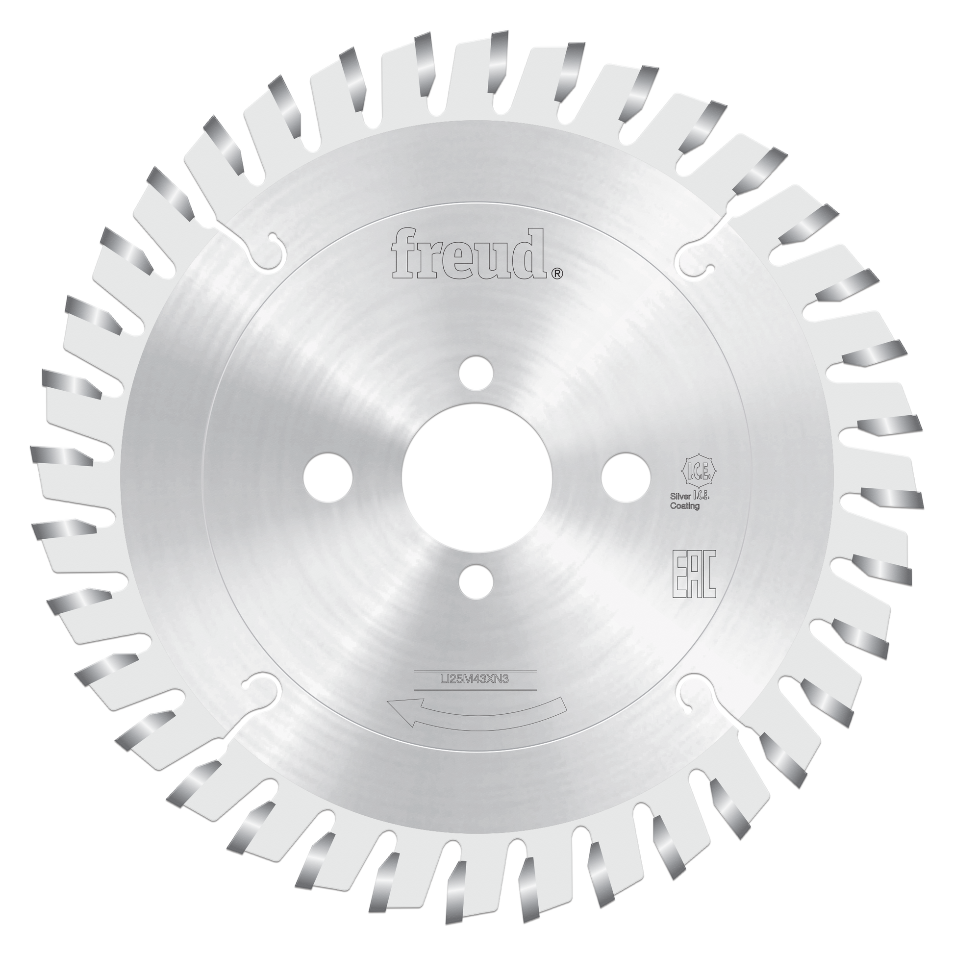 Freud conical scoring saw blade with silver coating and angled teeth around perimeter, center arbor hole visible.