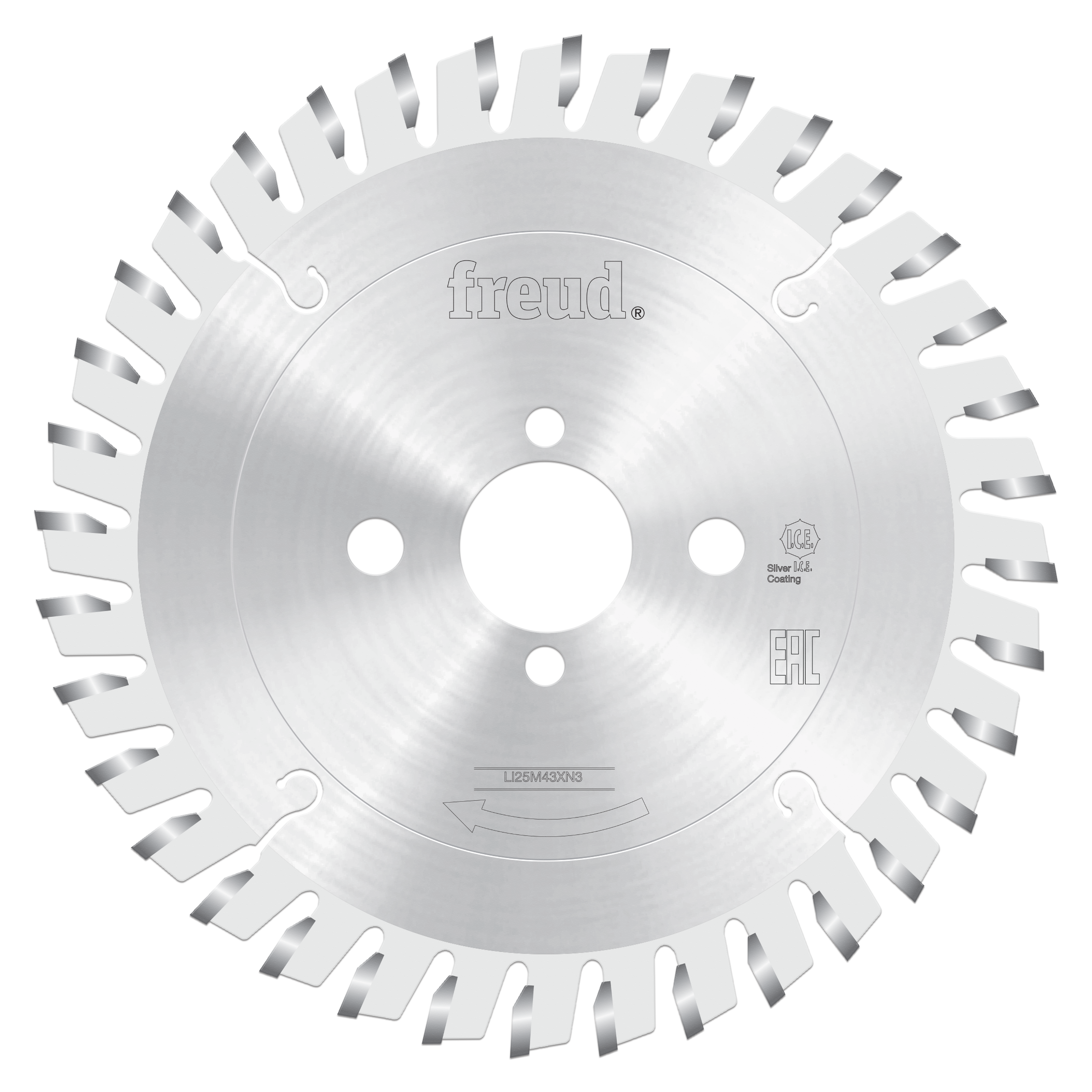 Freud conical scoring saw blade with silver coating and angled teeth around perimeter, center arbor hole visible.