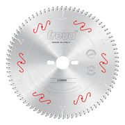 Circular saw blade with silver teeth around perimeter, central hole, red and white markings, Freud branding, and "LU3A02" mod