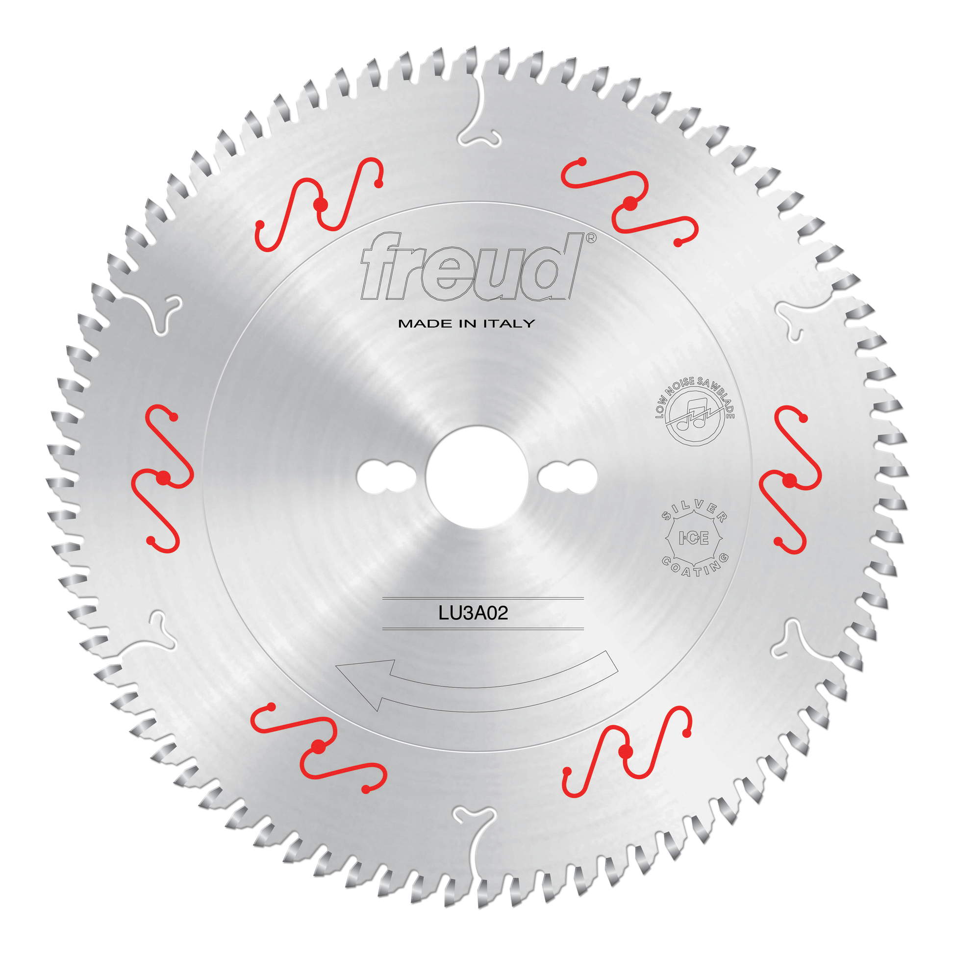 Circular saw blade with silver teeth around perimeter, central hole, red and white markings, Freud branding, and "LU3A02" mod