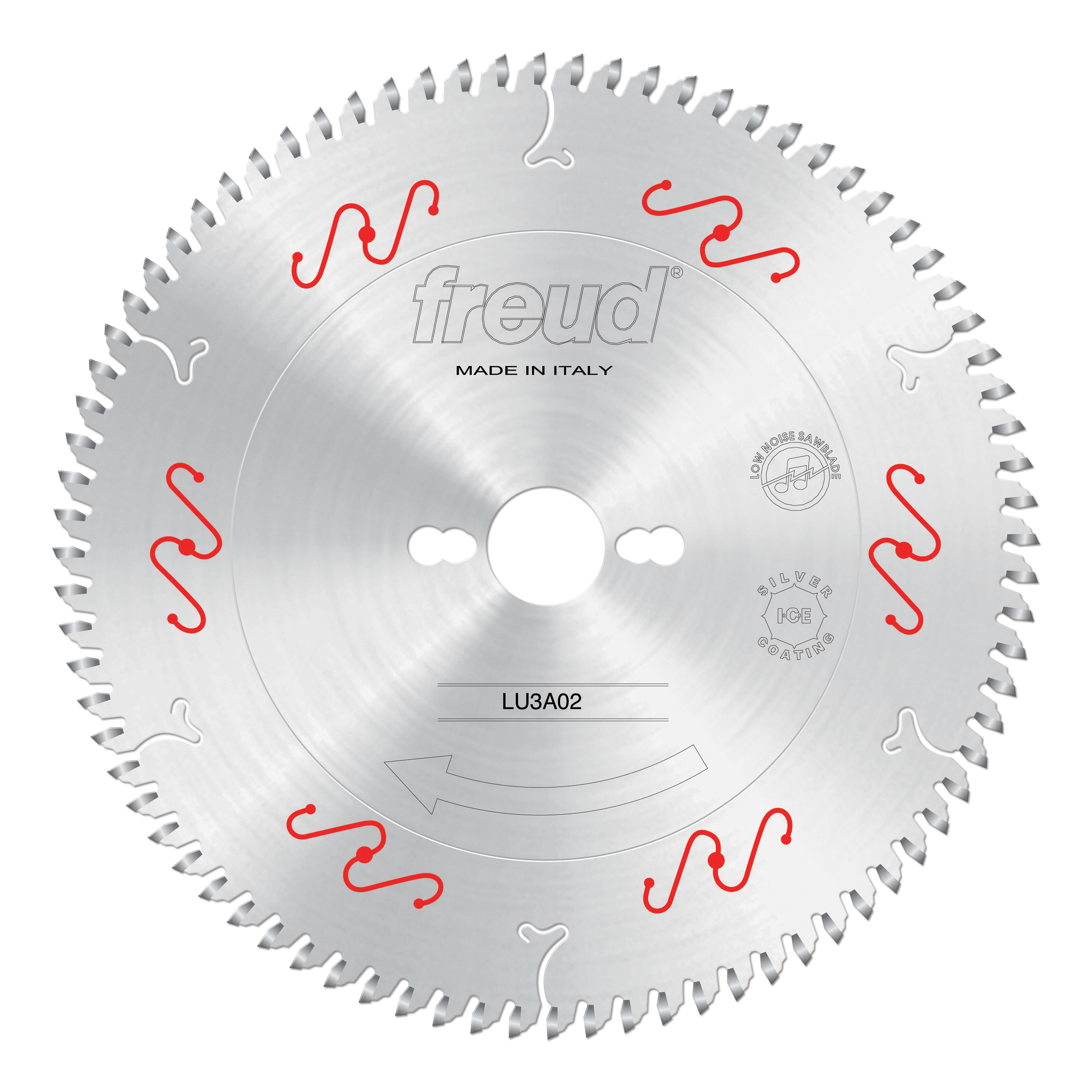 Circular saw blade with silver teeth around perimeter, central hole, red and white markings, Freud branding, and "LU3A02" mod