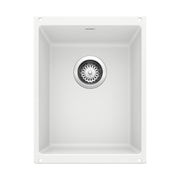 White rectangular undermount kitchen sink with single basin and chrome drain strainer, viewed from above.