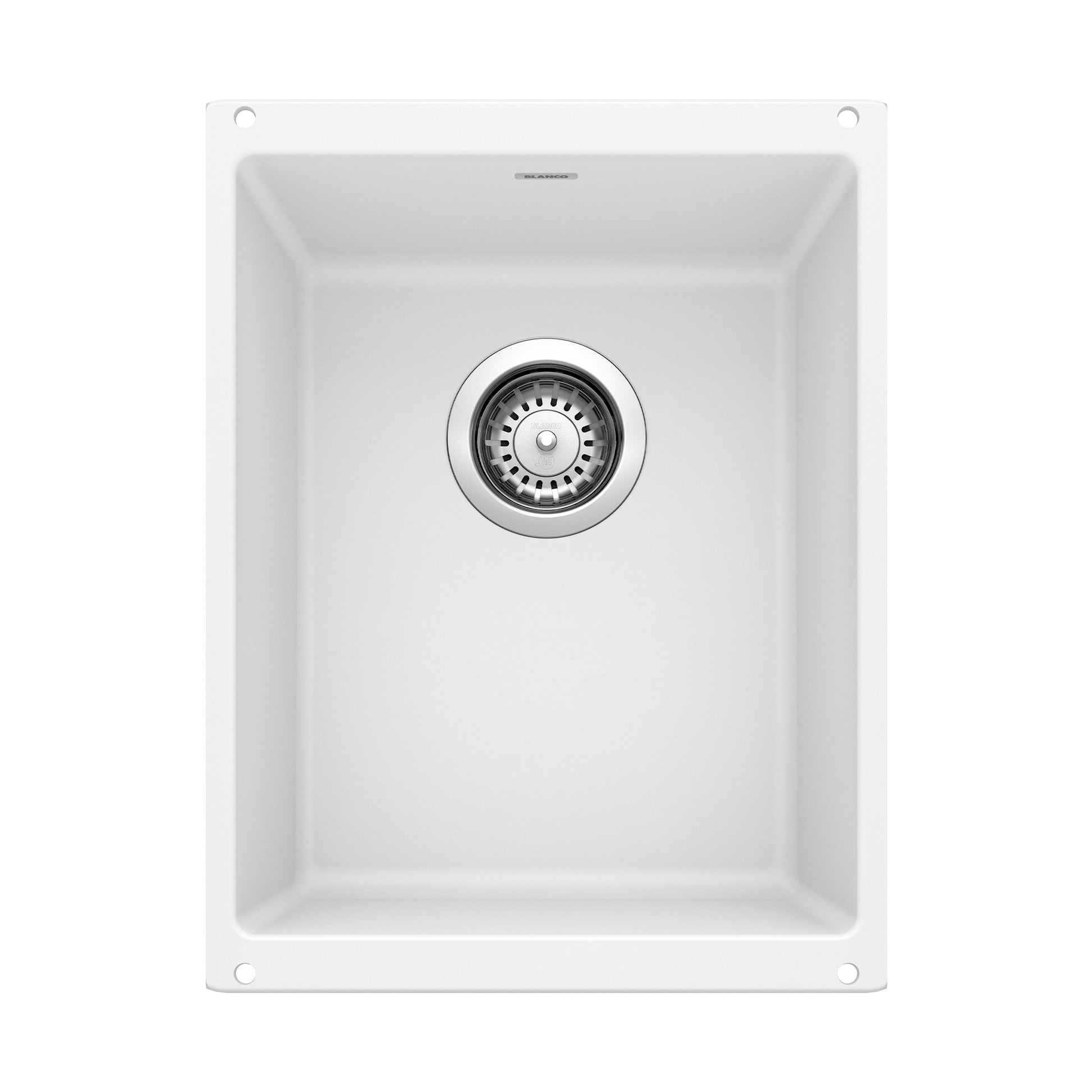 White rectangular undermount kitchen sink with single basin and chrome drain strainer, viewed from above.
