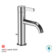 Polished chrome single-handle bathroom sink faucet with cylindrical body, lever handle, and curved spout.
