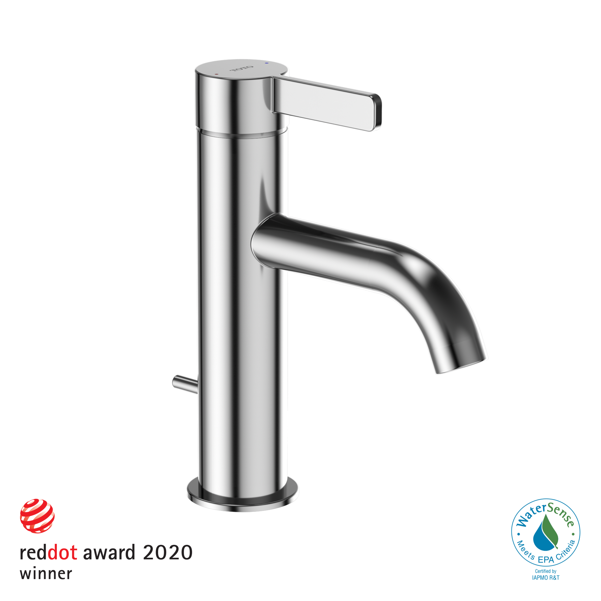 Polished chrome single-handle bathroom sink faucet with cylindrical body, lever handle, and curved spout.