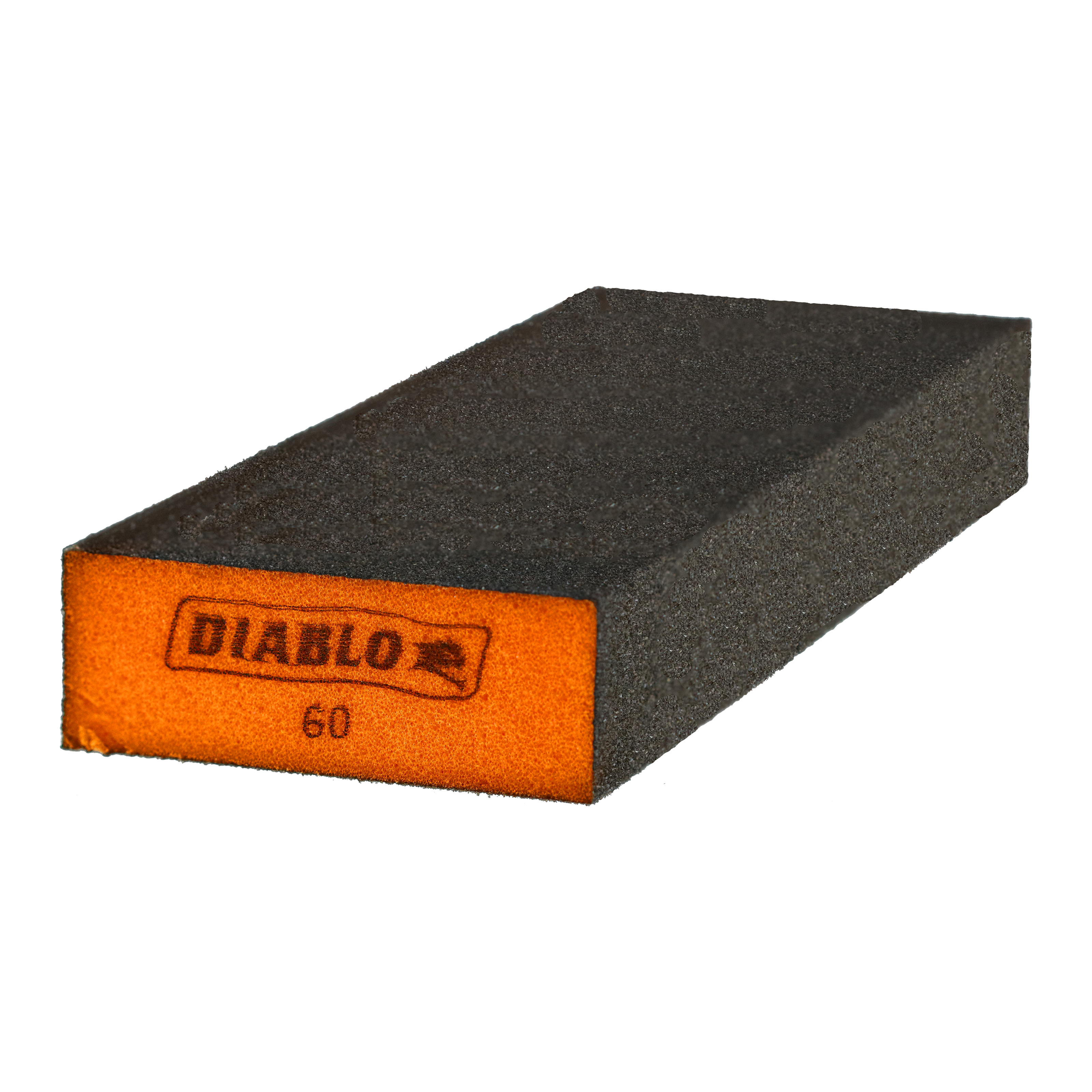 Dark gray rectangular sanding sponge with orange end labeled "DIABLO 60".
