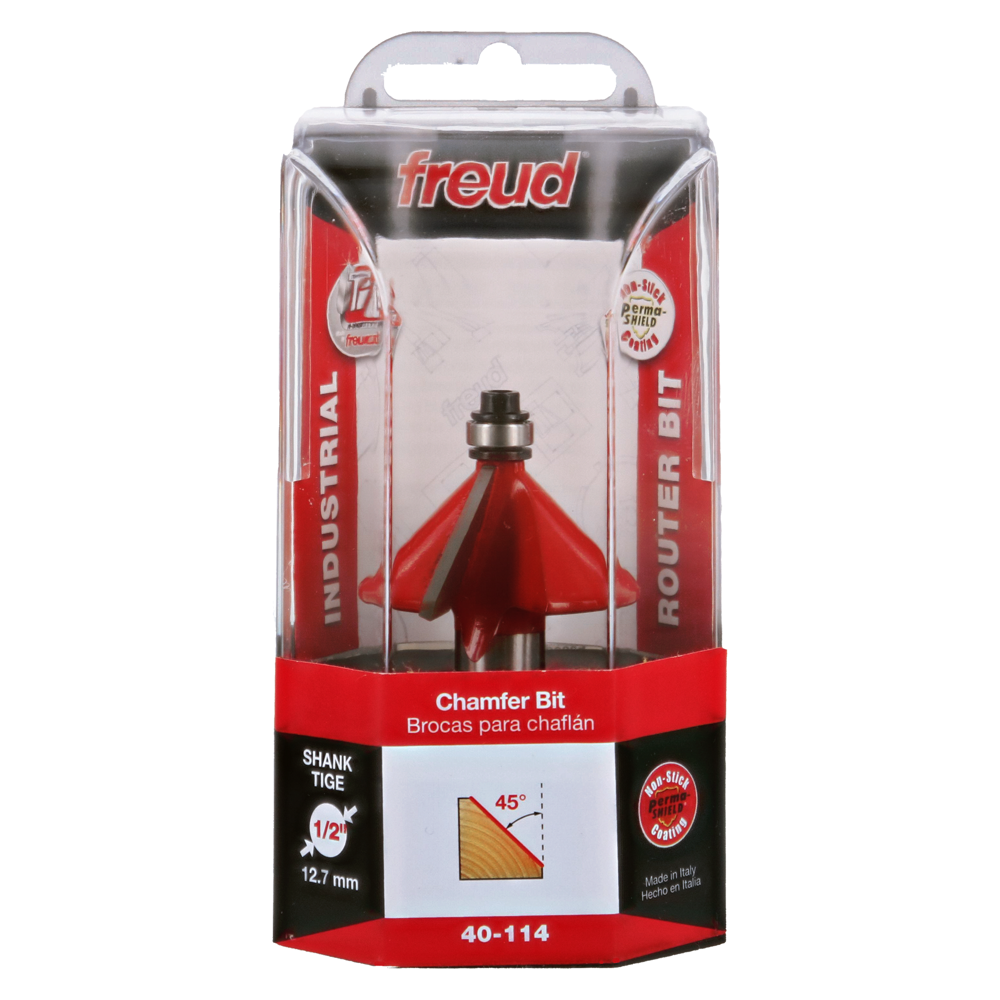 Red chamfer bit with metal shank in clear plastic Freud packaging with 45-degree angle diagram.