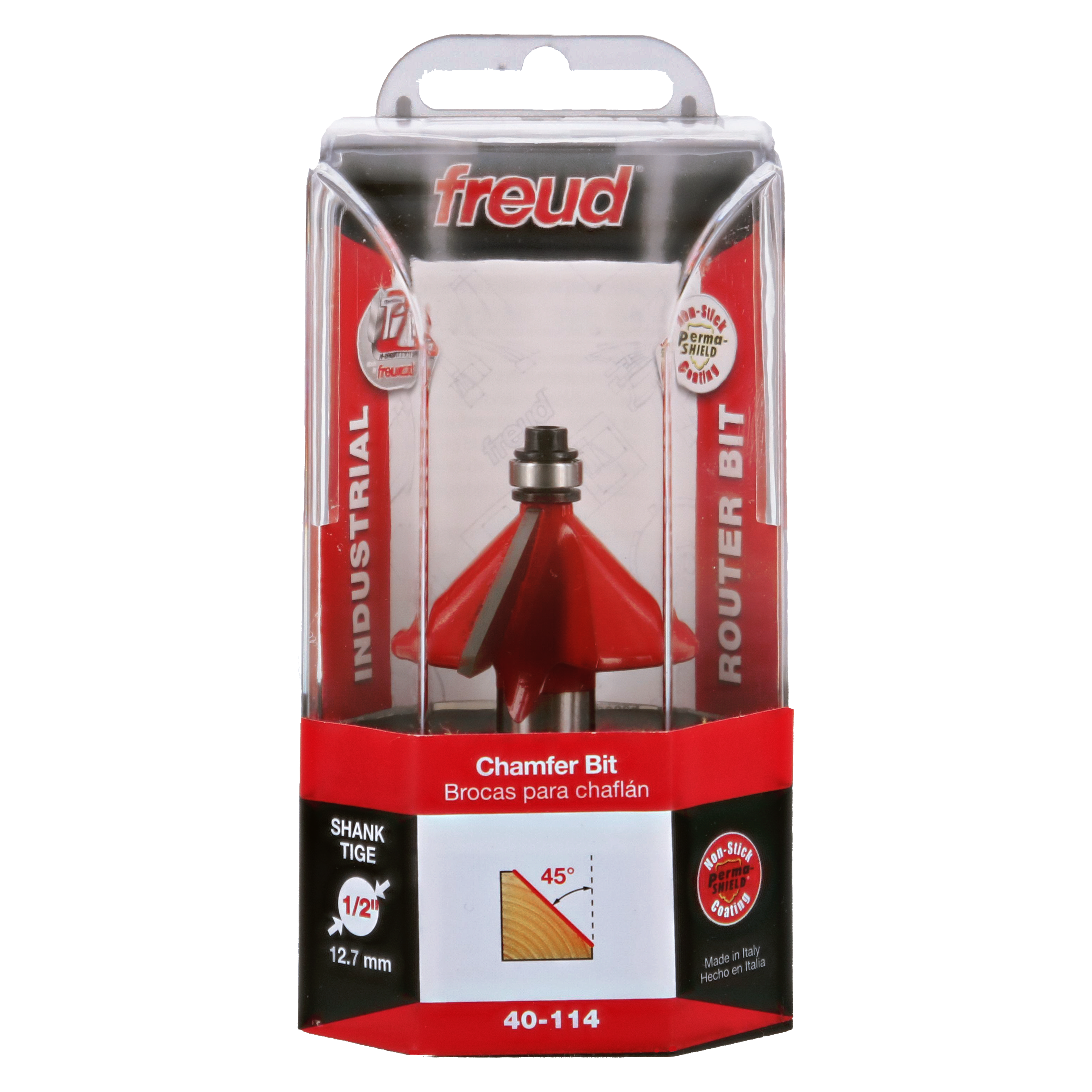 Red chamfer bit with metal shank in clear plastic Freud packaging with 45-degree angle diagram.