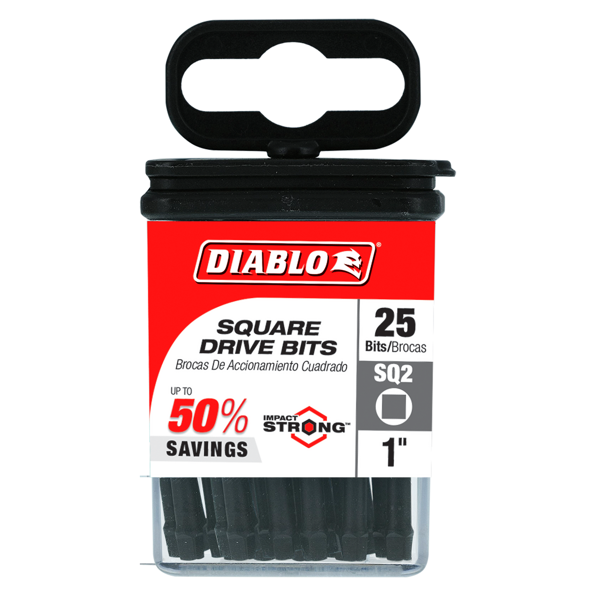 Black square drive bits in red Diablo packaging with black handle top, containing 25 one-inch #2 bits.