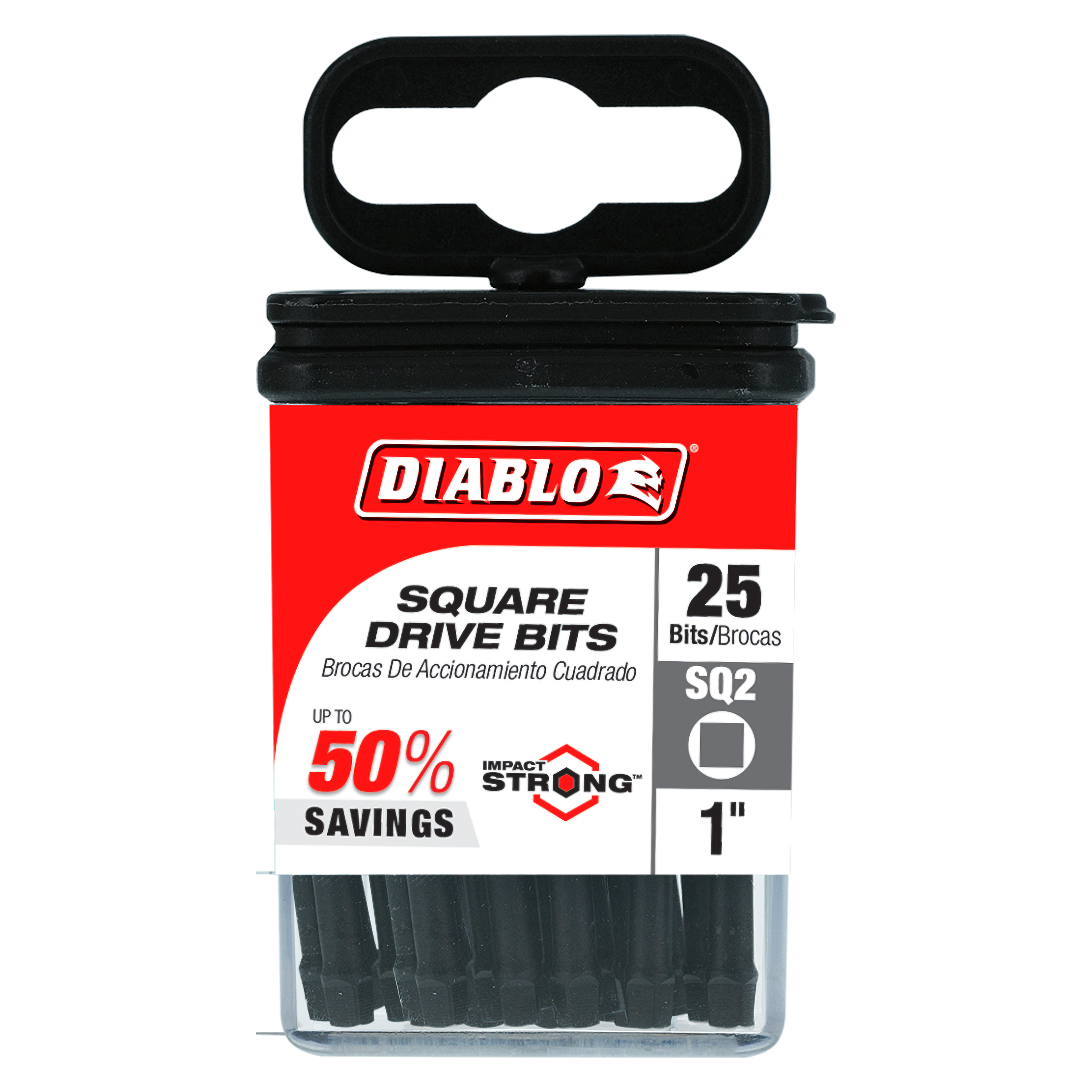 Black square drive bits in red Diablo packaging with black handle top, containing 25 one-inch #2 bits.