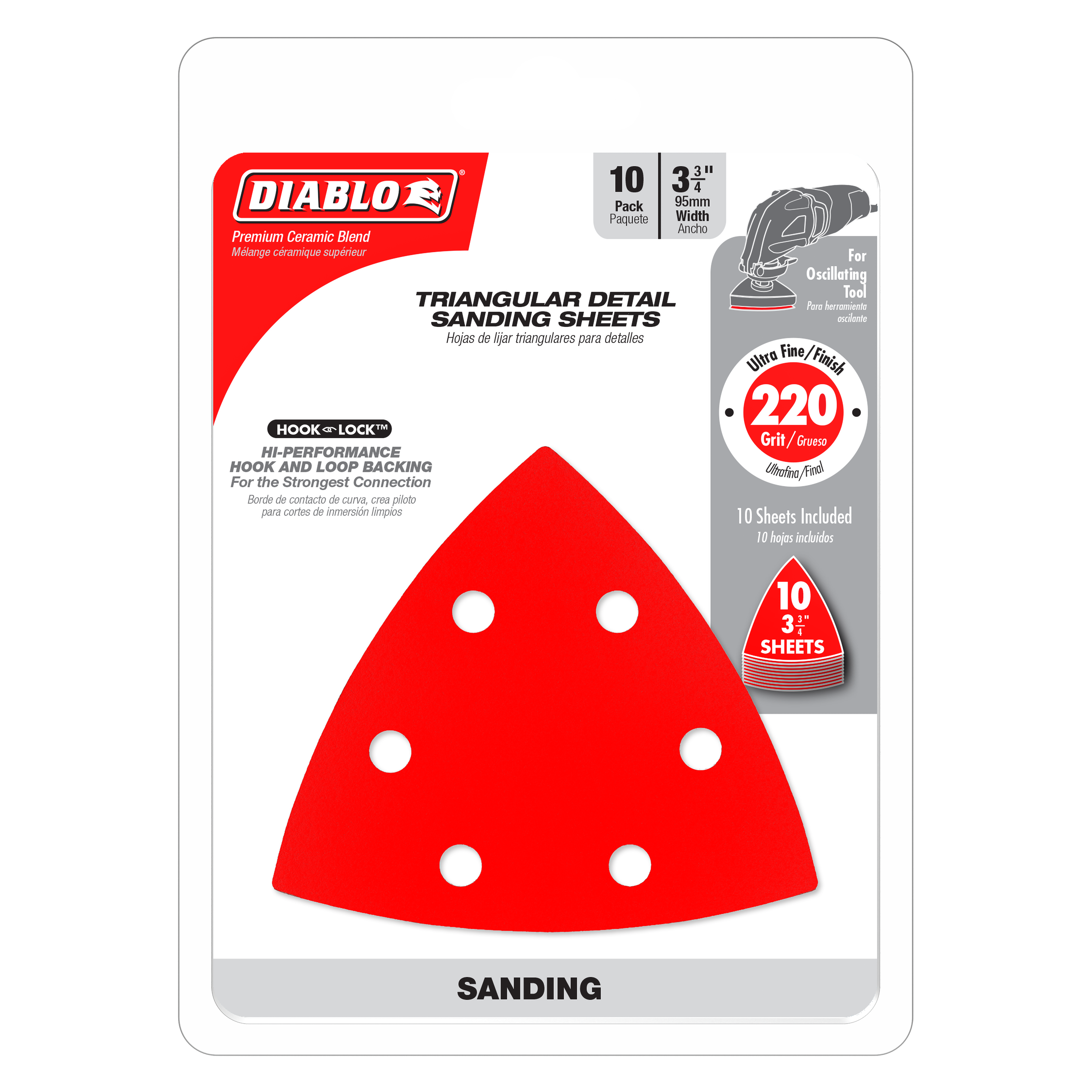 Diablo DCT334220H10G 3-3/4 in. 220-Grit (Fine) Oscillating Detail Triangle Sanding Sheets (10-Pack)