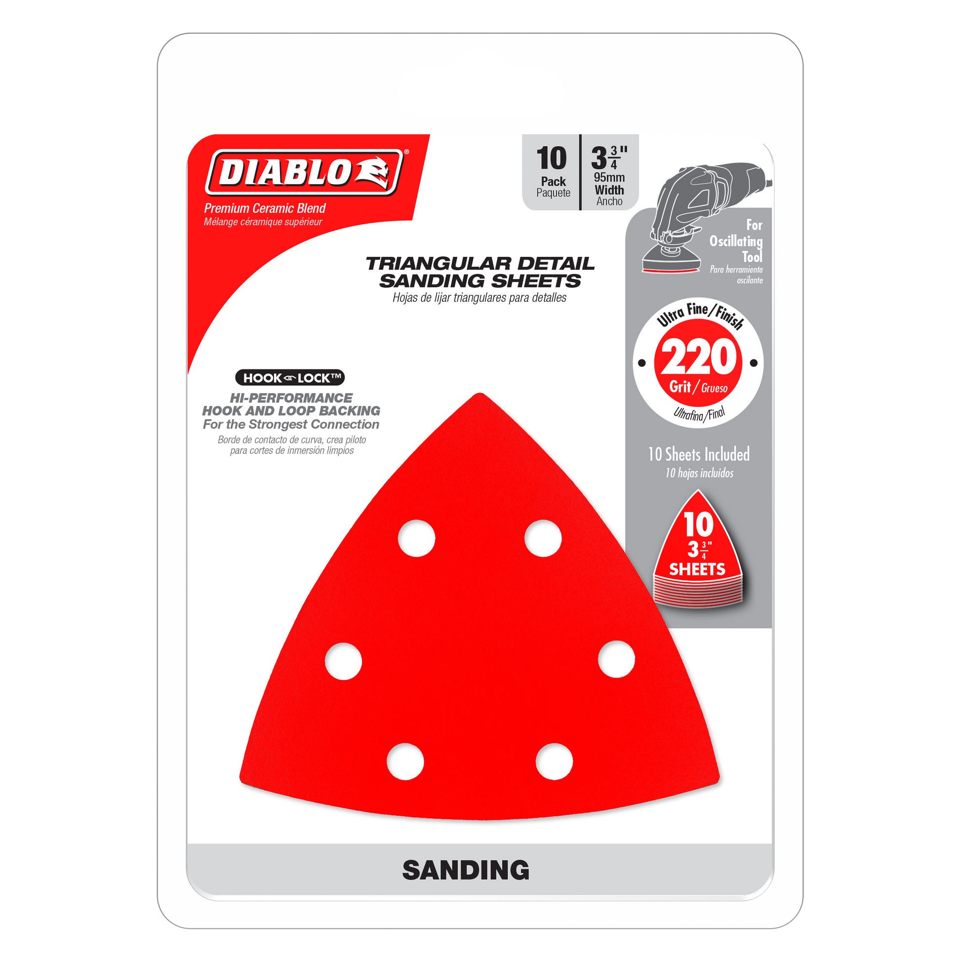 Red triangular sanding sheets with six white attachment holes for oscillating sanders, 220-grit, 3-3/4 inch size, 10-pack.