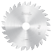 Circular saw blade with silver coating, multiple teeth around edge, center hole, and Freud branding visible.