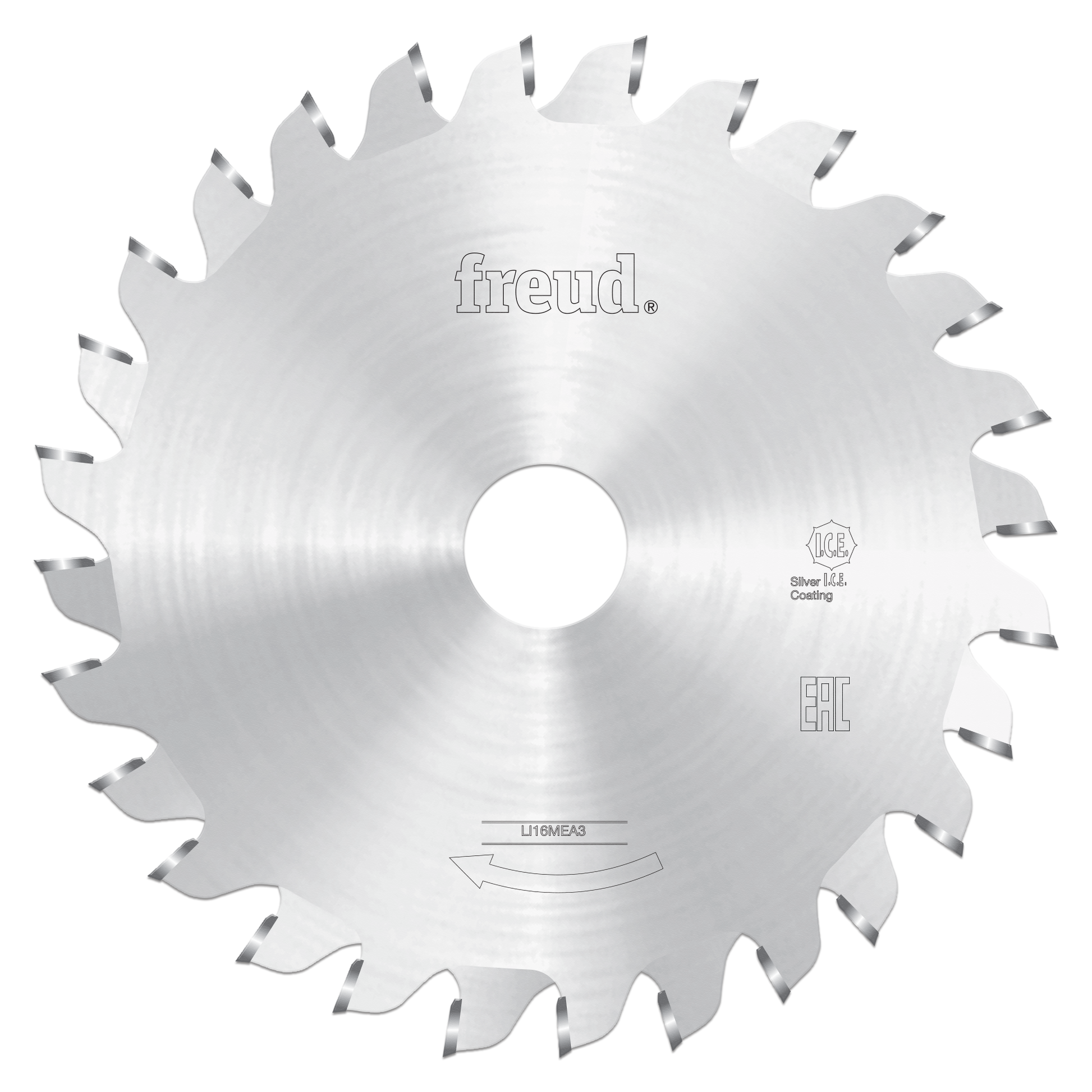 Circular saw blade with silver coating, multiple teeth around edge, center hole, and Freud branding visible.