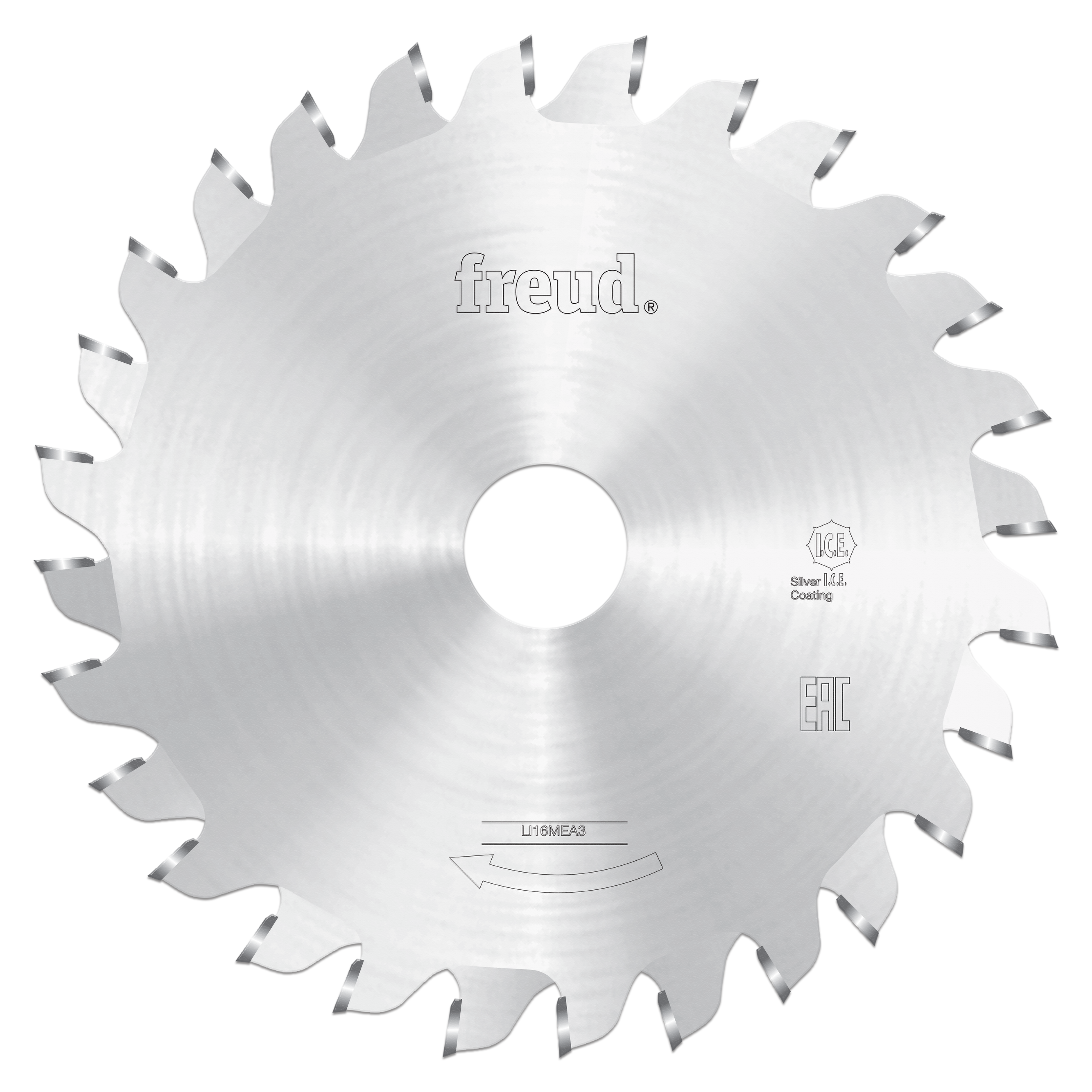 Circular saw blade with silver coating, multiple teeth around edge, center hole, and Freud branding visible.