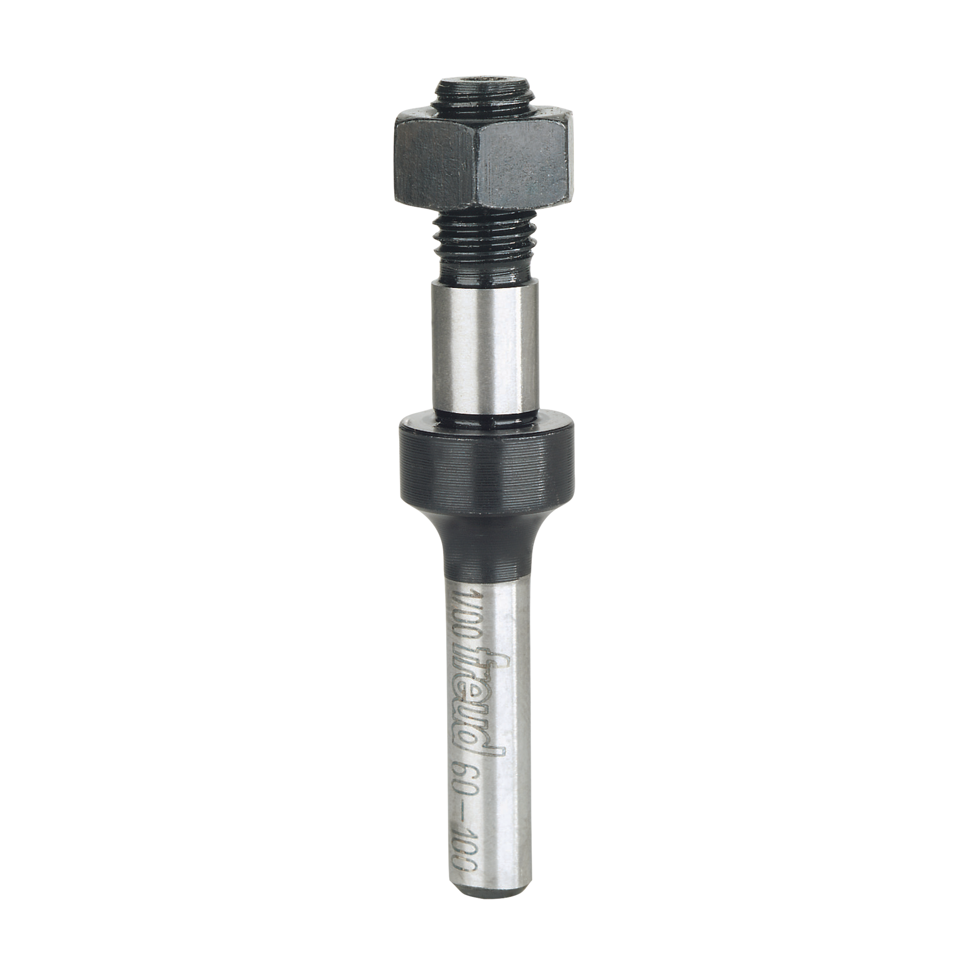 Metal slotting cutter arbor with hex nut and threaded shank for router mounting.