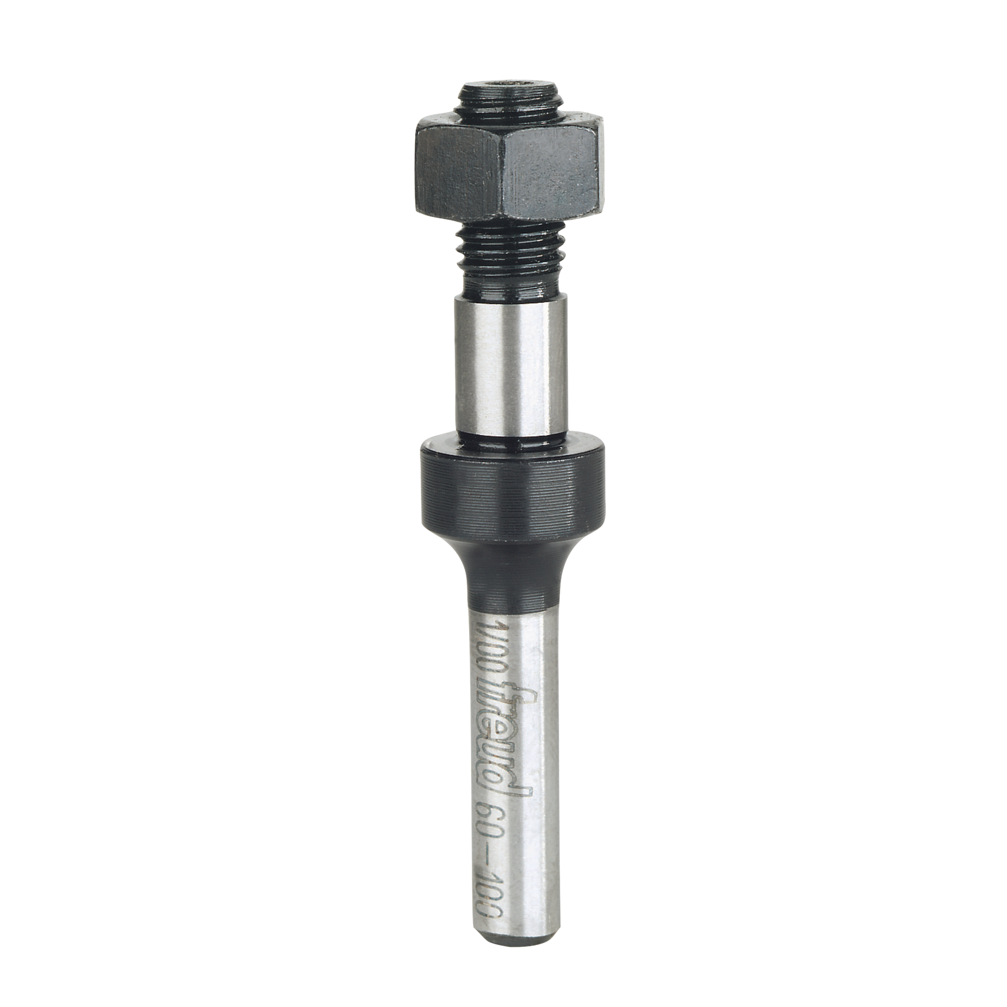 Metal slotting cutter arbor with hex nut and threaded shank for router mounting.
