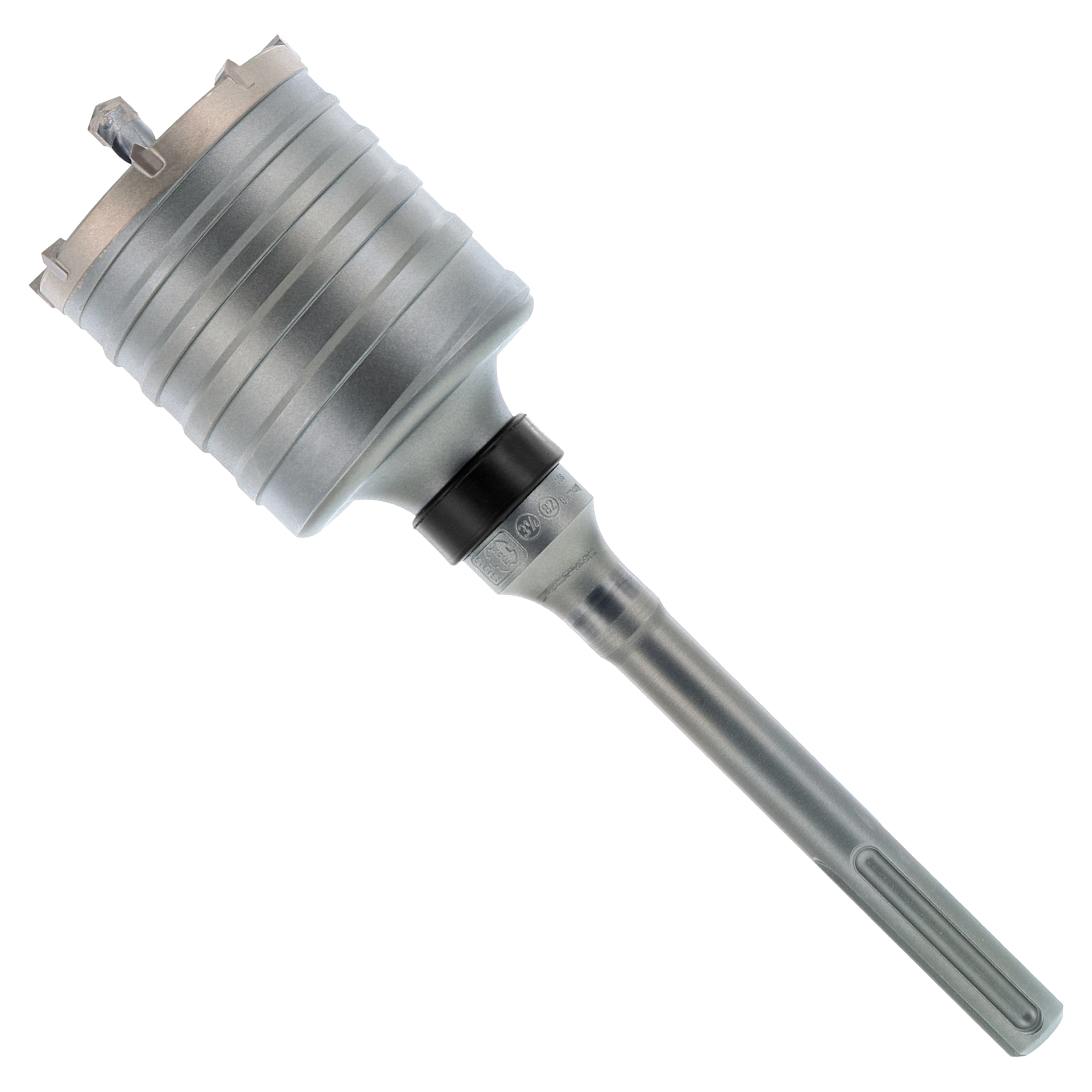 SDS-Max carbide tipped core bit with cylindrical body, grooved barrel, and carbide cutting head with segmented teeth.