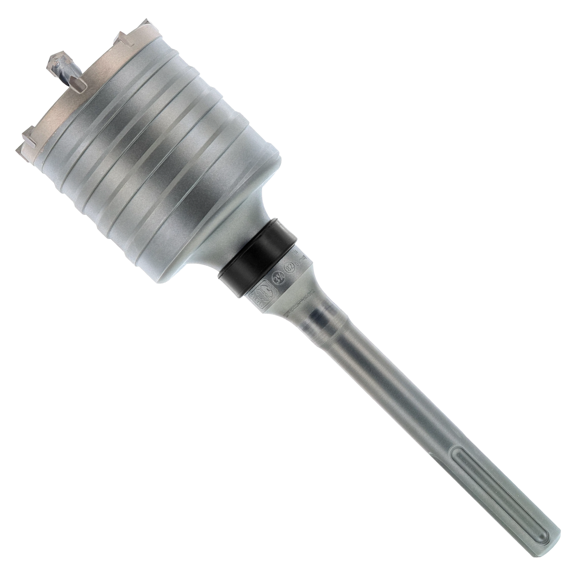 SDS-Max carbide tipped core bit with cylindrical metal body and ribbed cutting head.