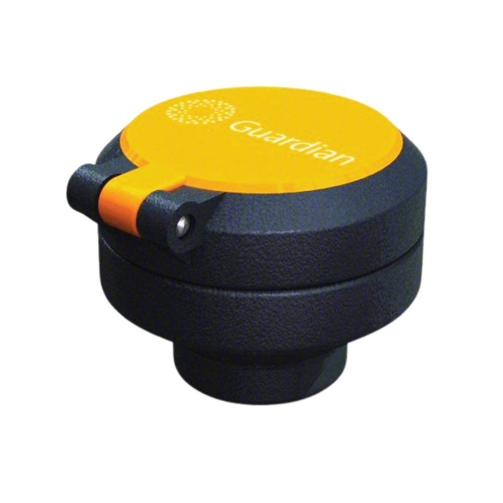 Black cylindrical spray head with yellow top cap and orange lever handle, featuring spray holes on cap surface.