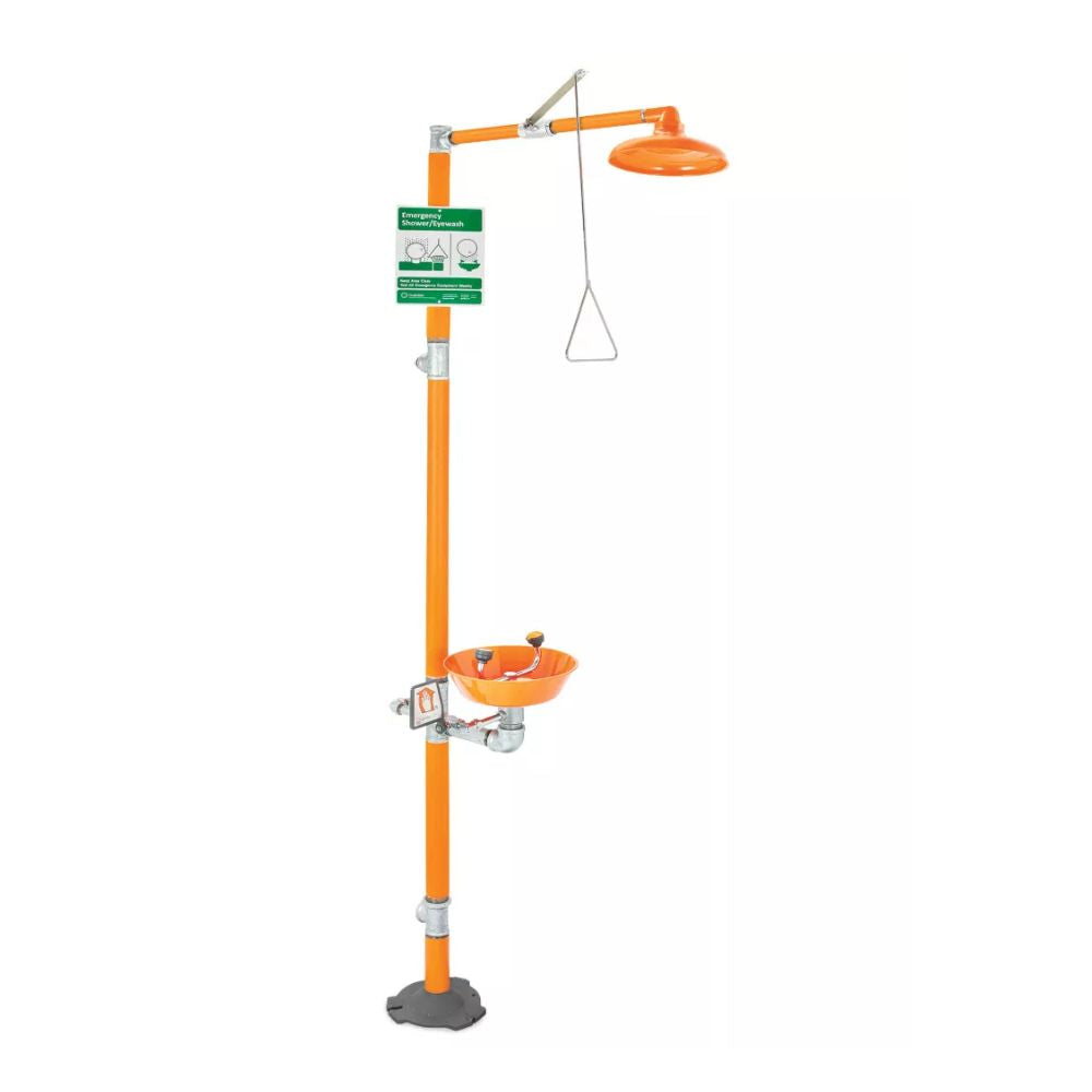 Floor-mounted safety station with orange pole, eyewash basin, overhead shower head, and instruction signage.