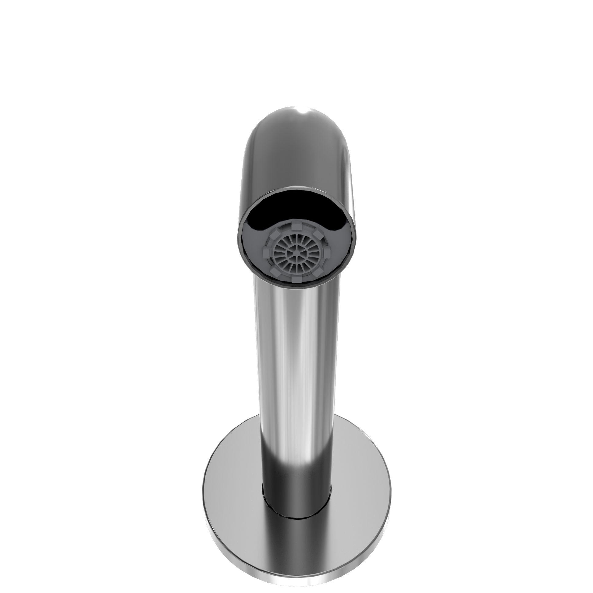 Polished chrome wall-mounted touchless bathroom faucet with cylindrical spout and aerator, viewed from above.