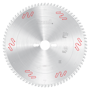 Freud 250mm circular saw blade with carbide-tipped teeth and center arbor hole, marked with red wavy lines around the silver 