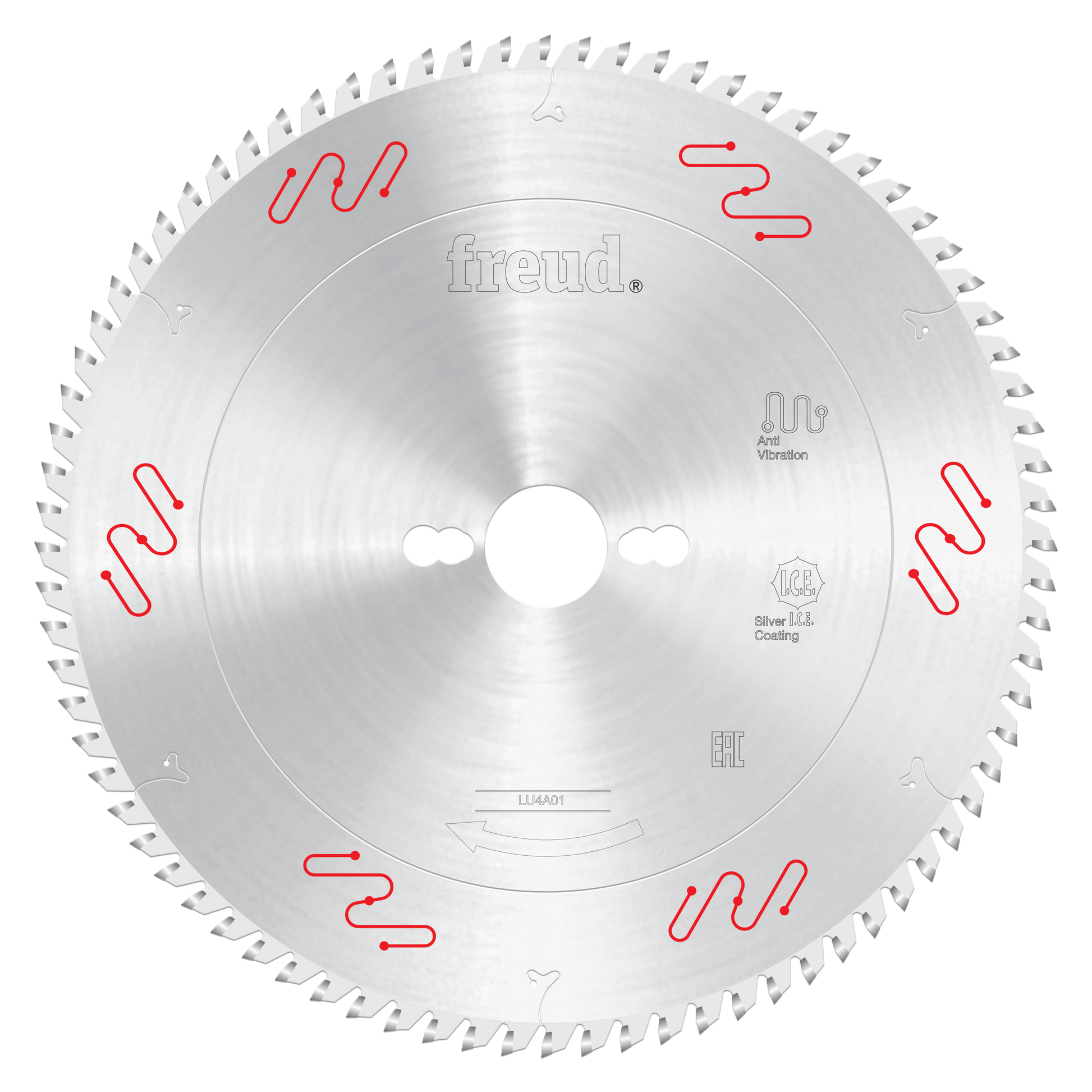 Freud 250mm circular saw blade with carbide-tipped teeth and center arbor hole, marked with red wavy lines around the silver 