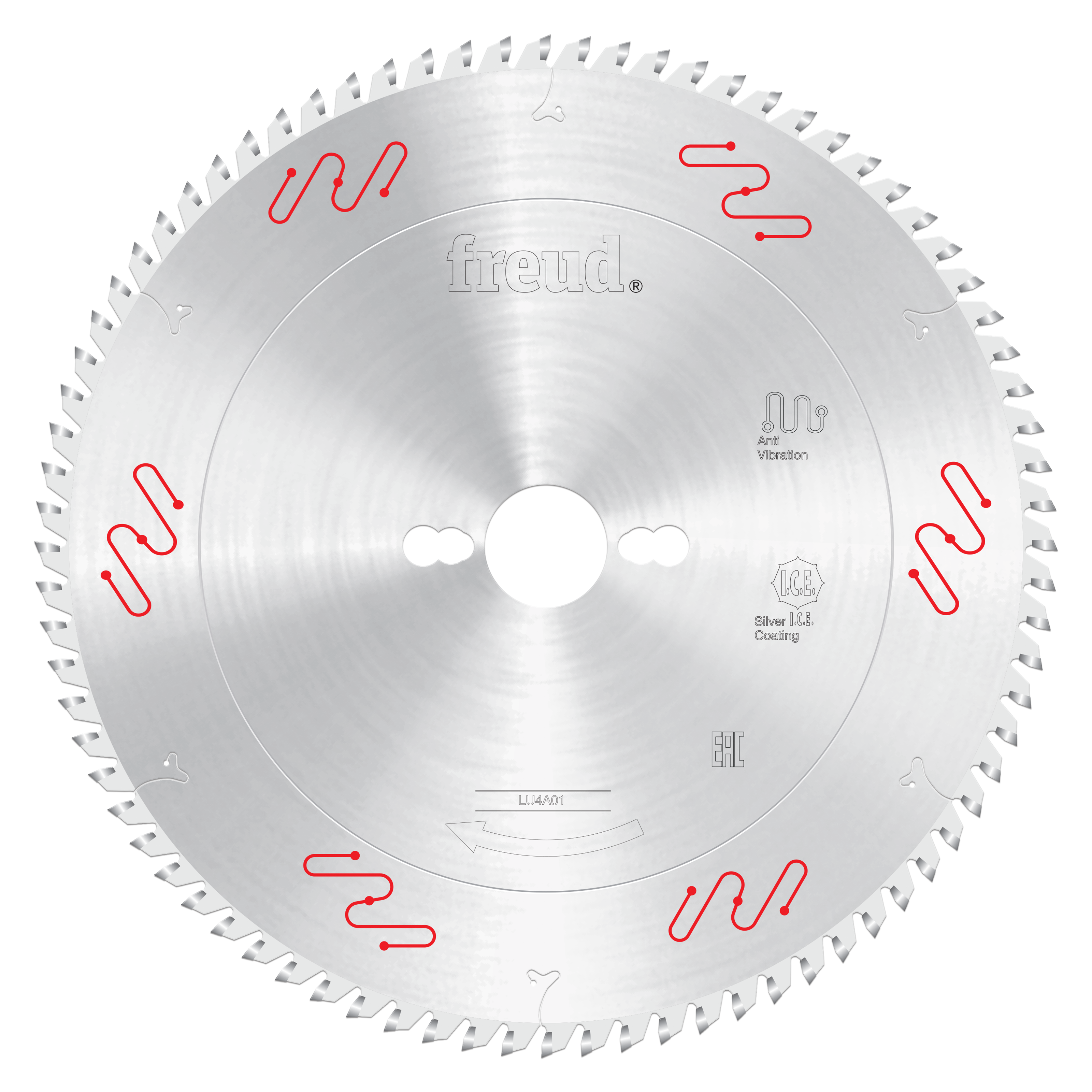Freud 250mm circular saw blade with carbide-tipped teeth and center arbor hole, marked with red wavy lines around the silver 