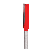 Metal router bit with red plastic body and two flutes for straight cutting applications.