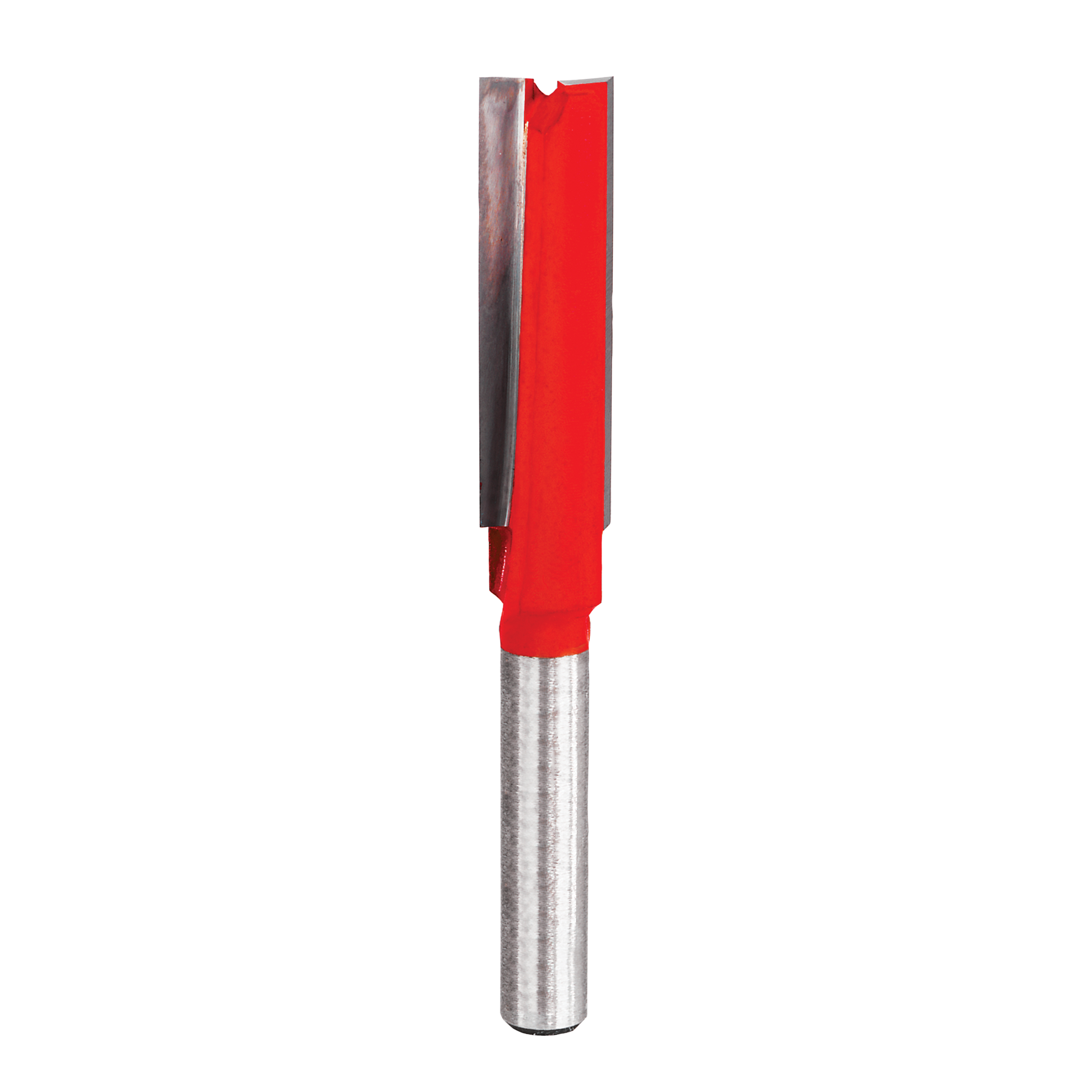 Metal router bit with red plastic body and two flutes for straight cutting applications.