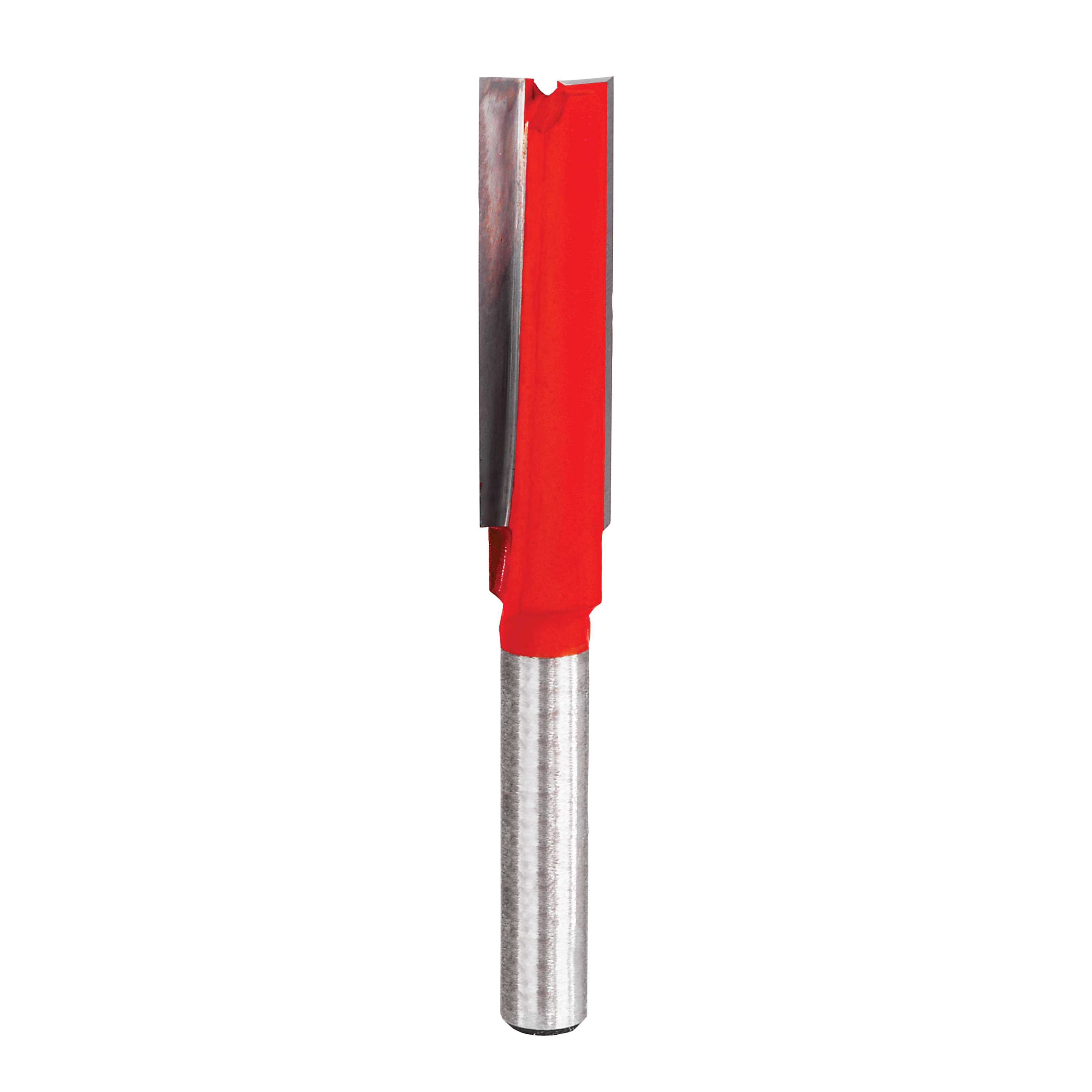 Metal router bit with red plastic body and two flutes for straight cutting applications.