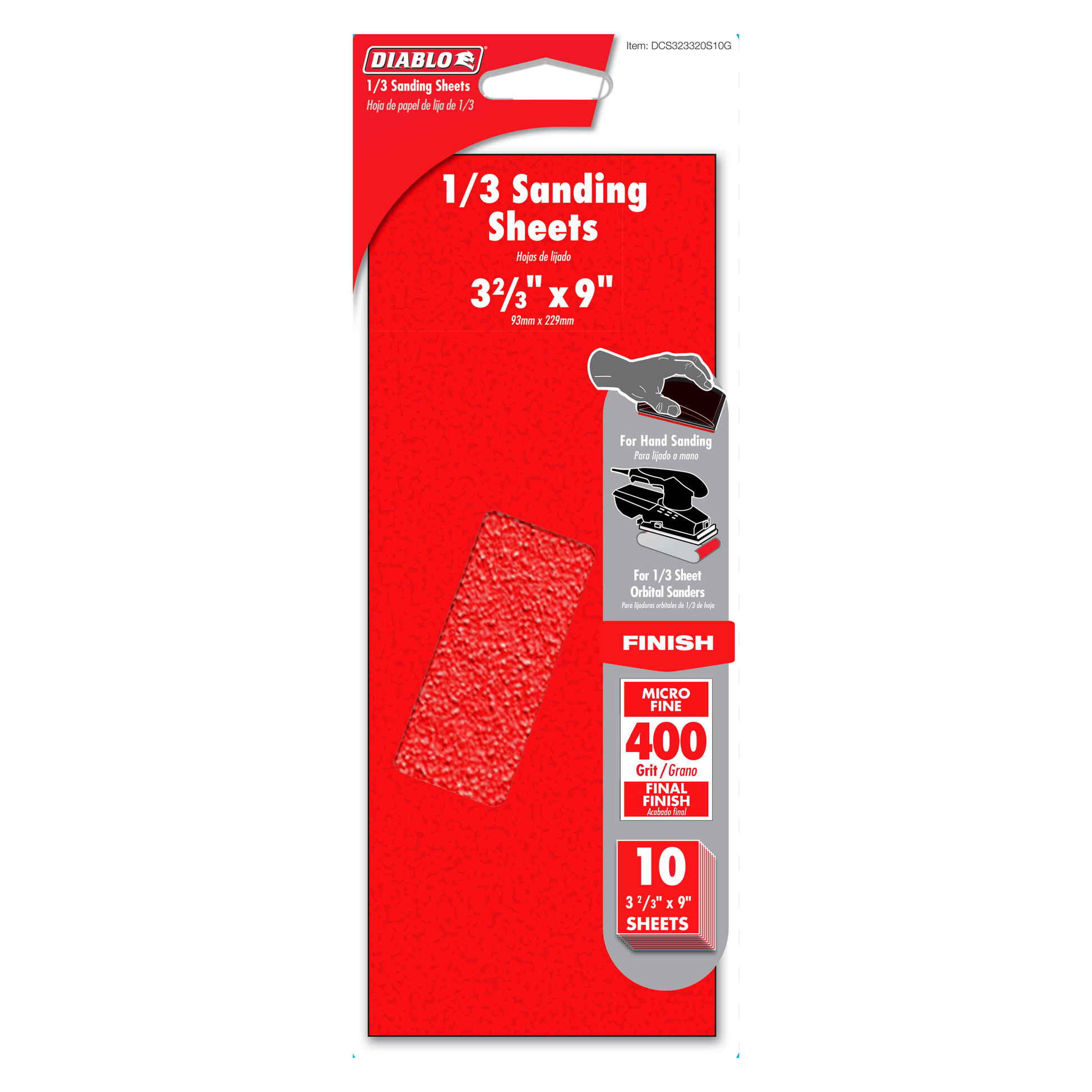 Diablo brand packaging containing ten 1/3 sheet sanding sheets in 400-grit micro fine grit for hand sanding.