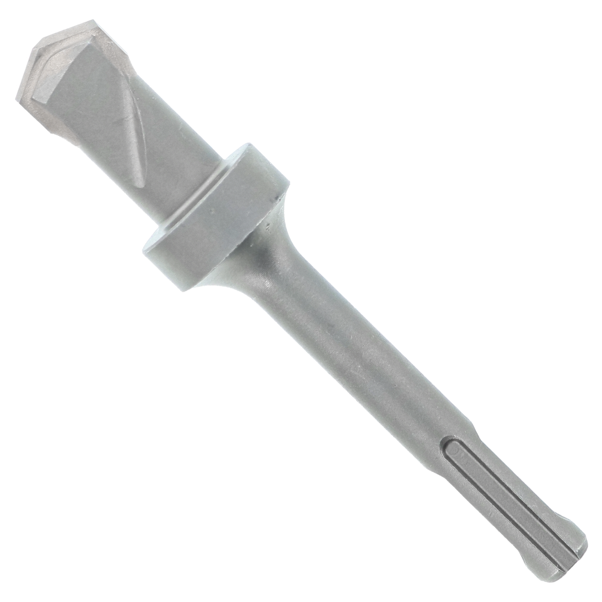 Gray SDS-Plus masonry drill bit with two cutting edges and hexagonal shank on white background.