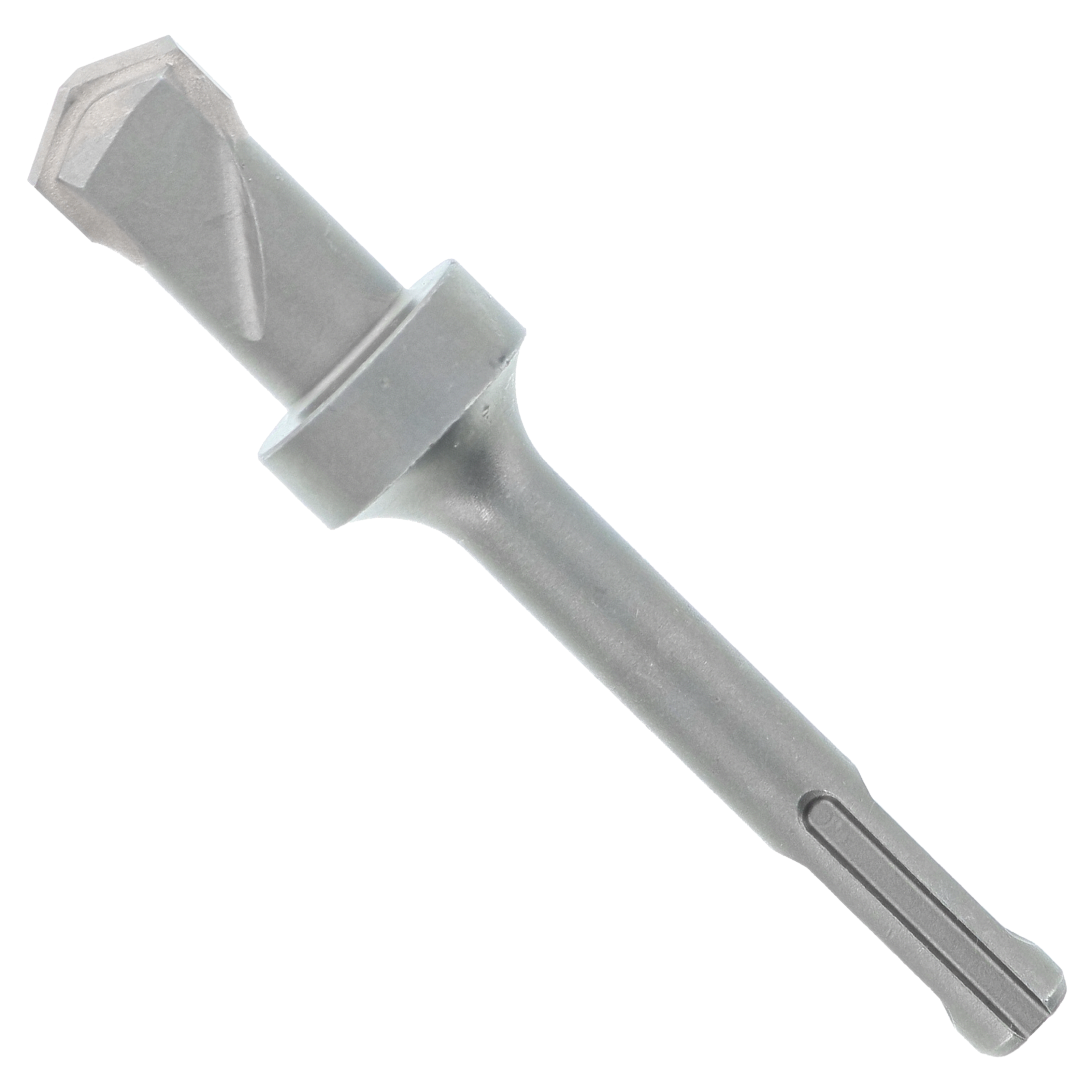 Gray SDS-Plus masonry drill bit with two cutting edges and hexagonal shank on white background.