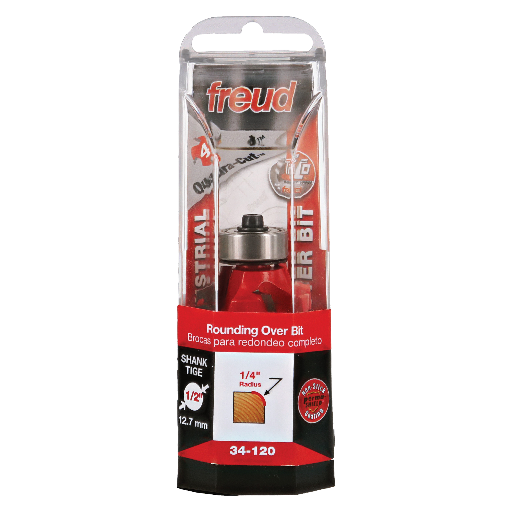 Freud 34-120 rounding over bit with 1/4" radius and 1/2" shank in clear plastic packaging.