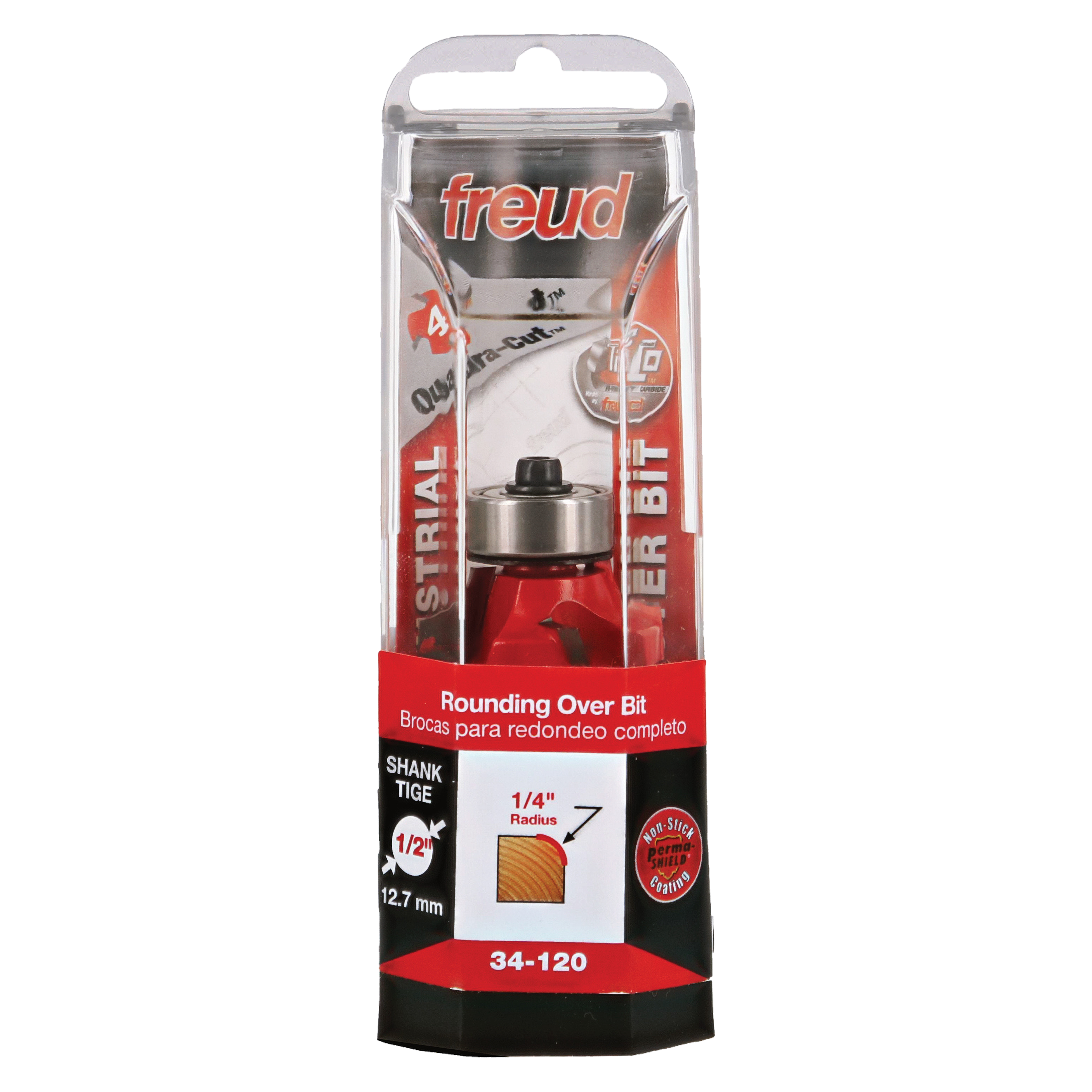 Freud 34-120 rounding over bit with 1/4" radius and 1/2" shank in clear plastic packaging.