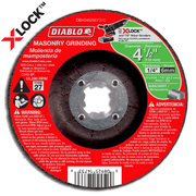 Red and black Diablo masonry grinding disc, 4-1/2 inch diameter, Type 27, with X-Lock arbor compatibility label visible.