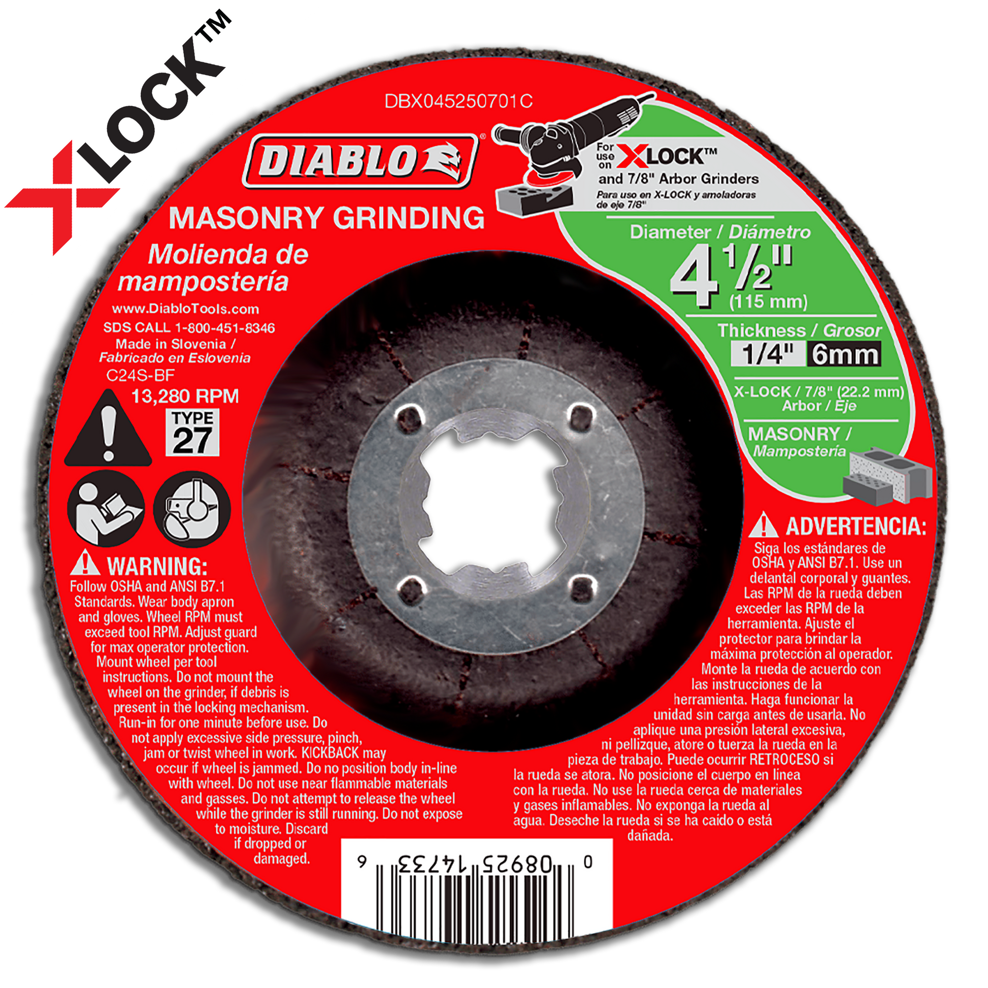 Red and black Diablo masonry grinding disc, 4-1/2 inch diameter, Type 27, with X-Lock arbor compatibility label visible.