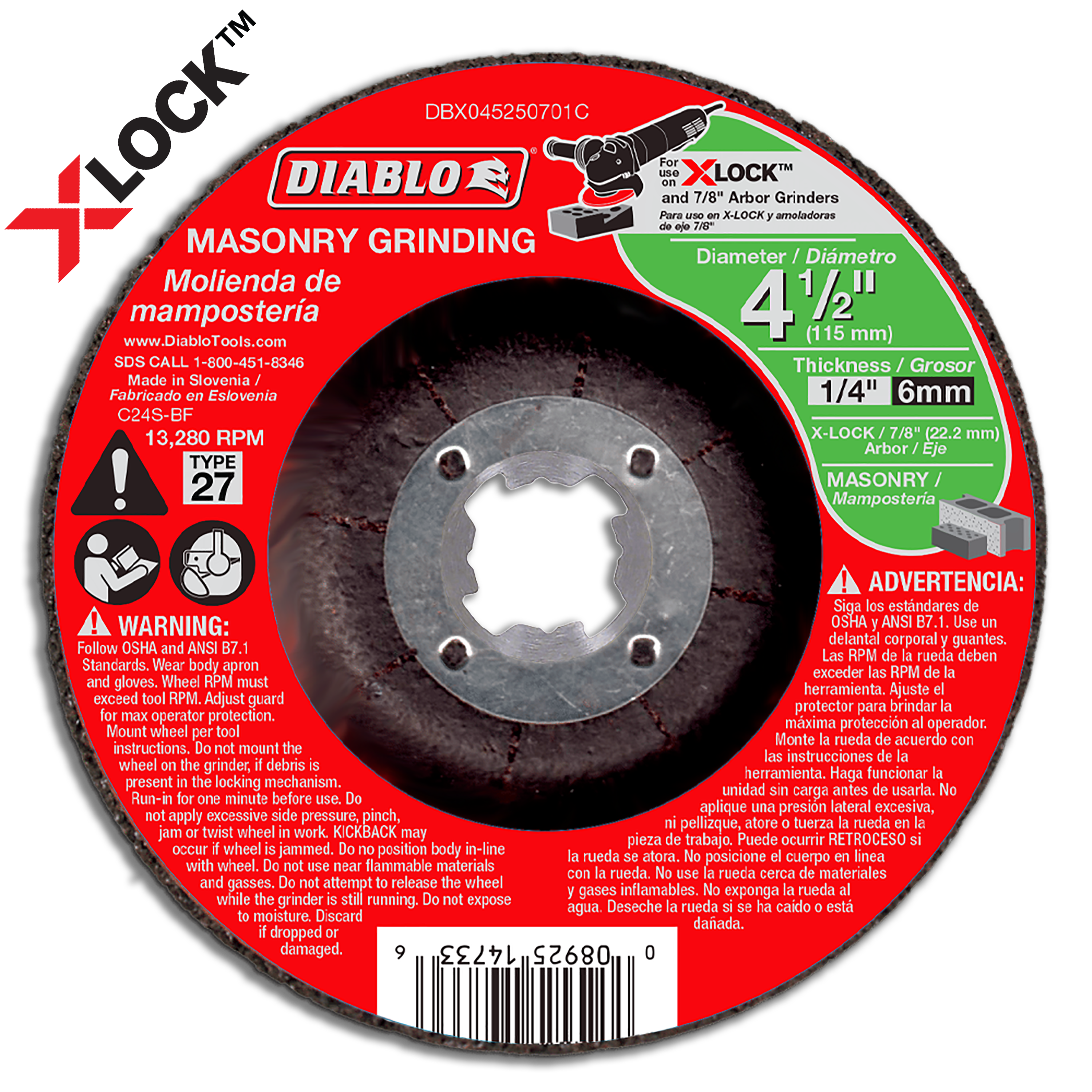 Red and black Diablo masonry grinding disc, 4-1/2 inch diameter, Type 27, with X-Lock arbor compatibility label visible.
