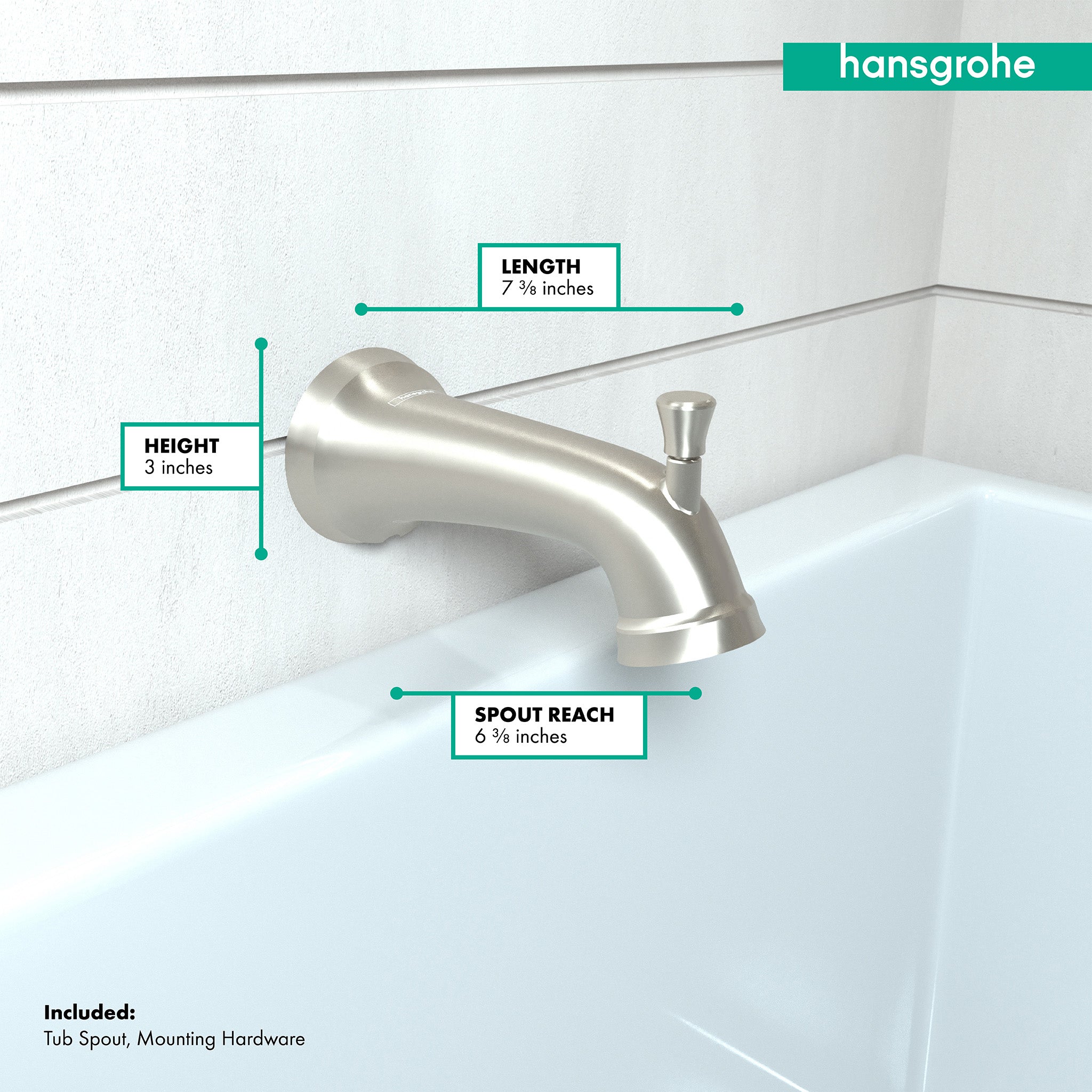Brushed nickel tub spout with diverter lever and curved angled spout, mounted on white tile above bathtub.