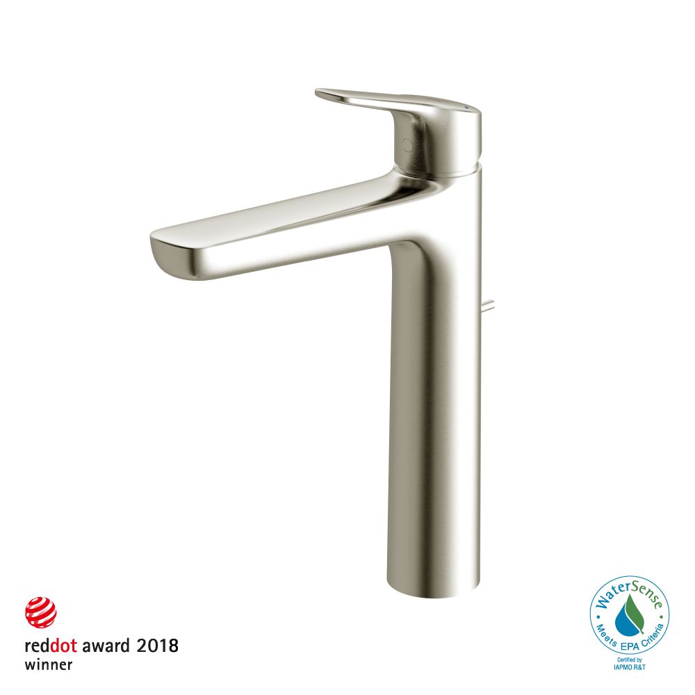 Brushed nickel single-handle bathroom sink faucet with curved spout and tall cylindrical body.