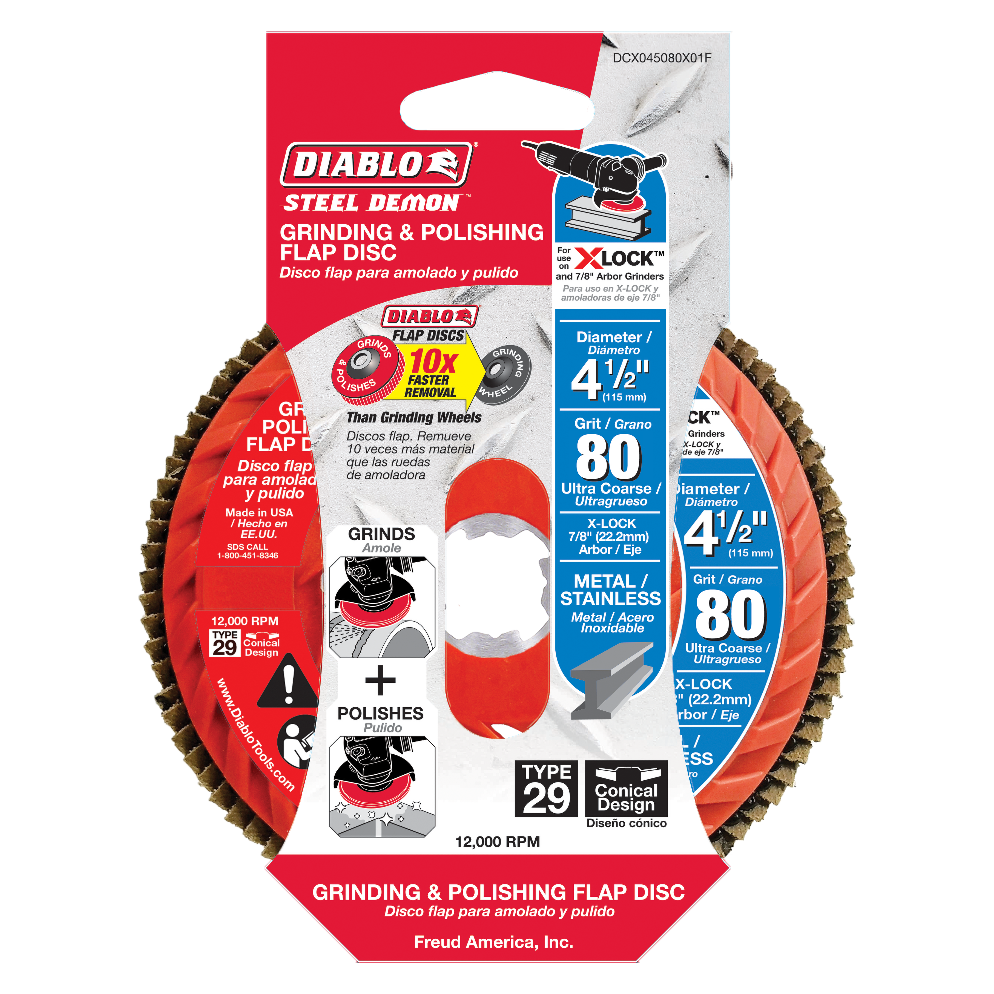 Diablo 4-1/2 inch red flap disc with 80-grit abrasive strips and X-Lock mount, displayed on packaging.